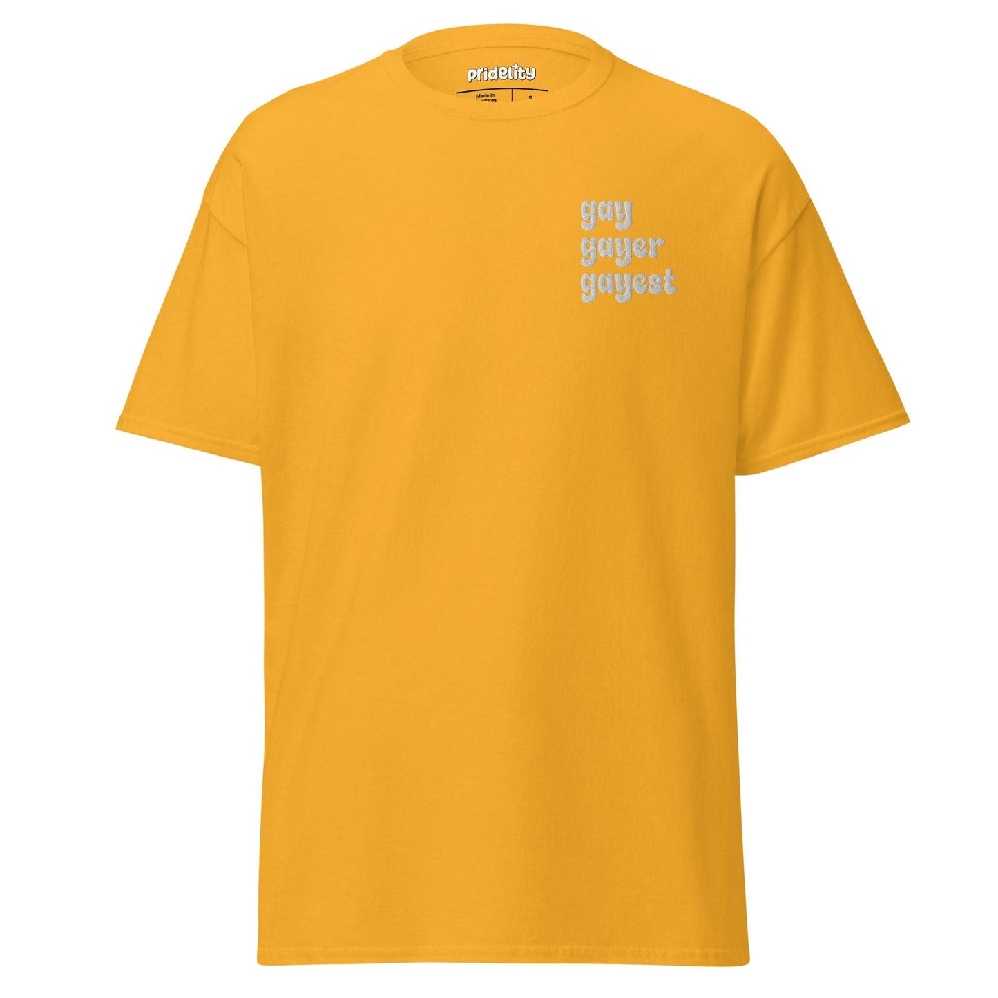 Introducing the Pridelity "Gay, Gayer, Gayest" T-Shirt, a light blue item from our pride collection with "gay gayer gayest" elegantly printed in light beige on the top left.