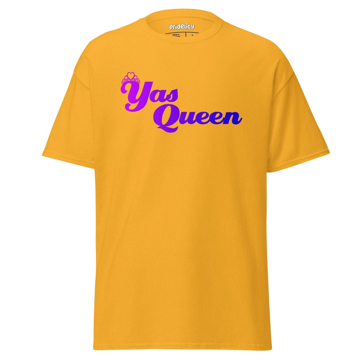 Introducing the Yas Queen T-Shirt by Pridelity, a black pride tee showcasing "Yas Queen" in eye-catching purple and blue gradient lettering, topped with a delicate crown graphic.
