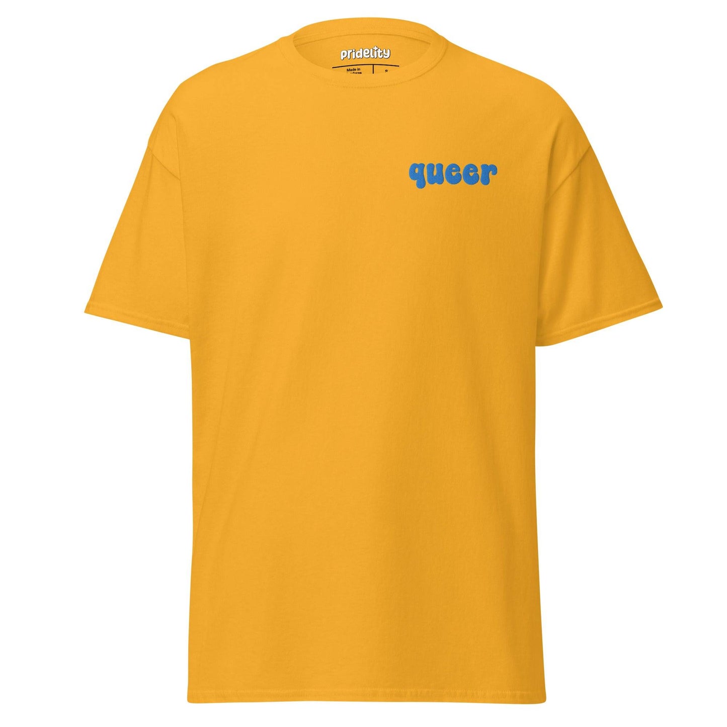 Pridelity's "Queer T-Shirt" in white showcases the word "queer" in striking bold blue text on the upper left side.