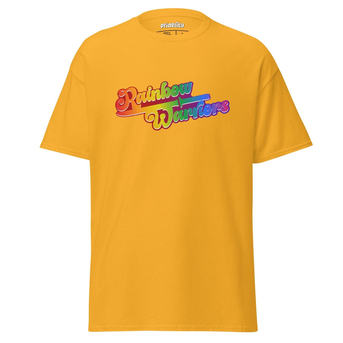 A gold Rainbow Warriors T-Shirt by Pridelity featuring the phrase "Rainbow Warriors" printed on the front in colorful, gradient letters.