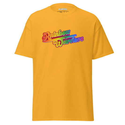 A gold Rainbow Warriors T-Shirt by Pridelity featuring the phrase "Rainbow Warriors" printed on the front in colorful, gradient letters.