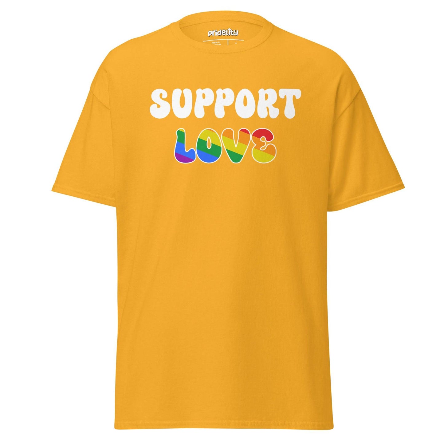A red Pridelity Support T-Shirt featuring the bold and colorful phrase "SUPPORT LOVE.