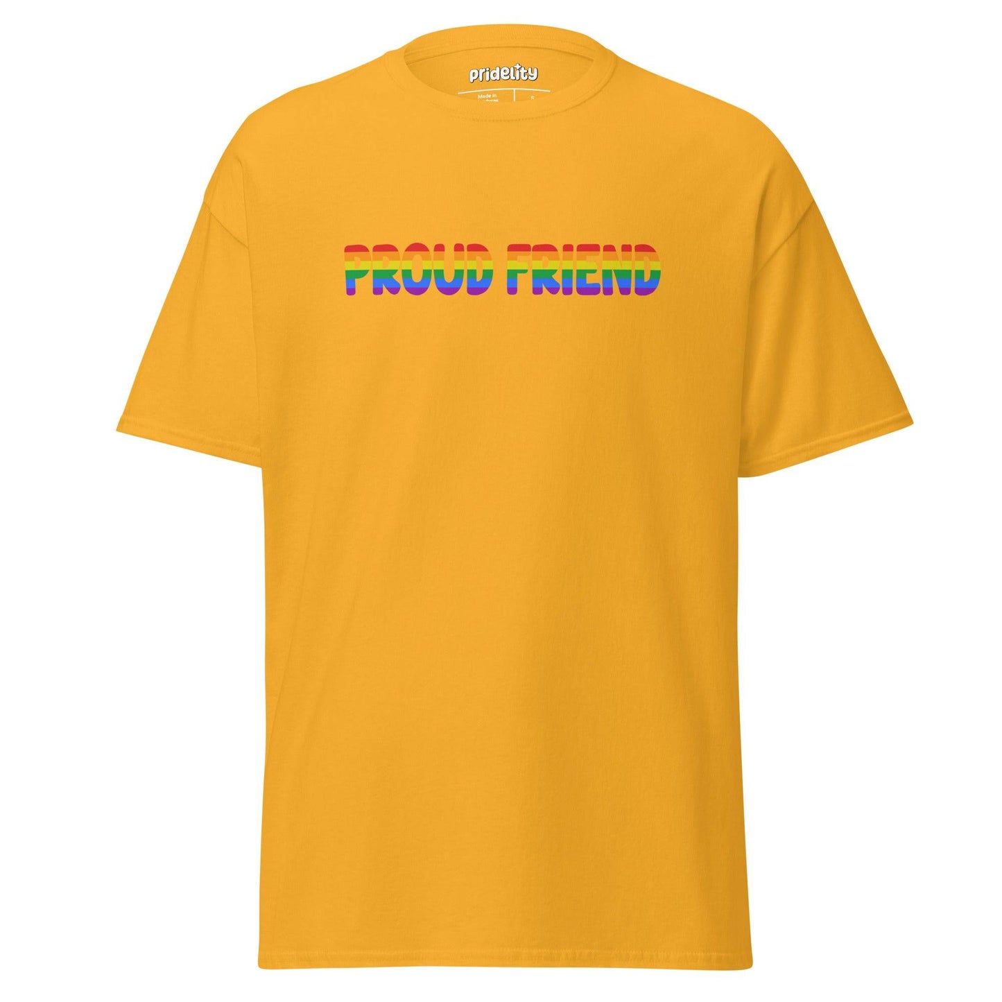 A black Pridelity T-shirt named "Proud Friend" showcases the words "PROUD FRIEND" in vibrant rainbow colors across the front.