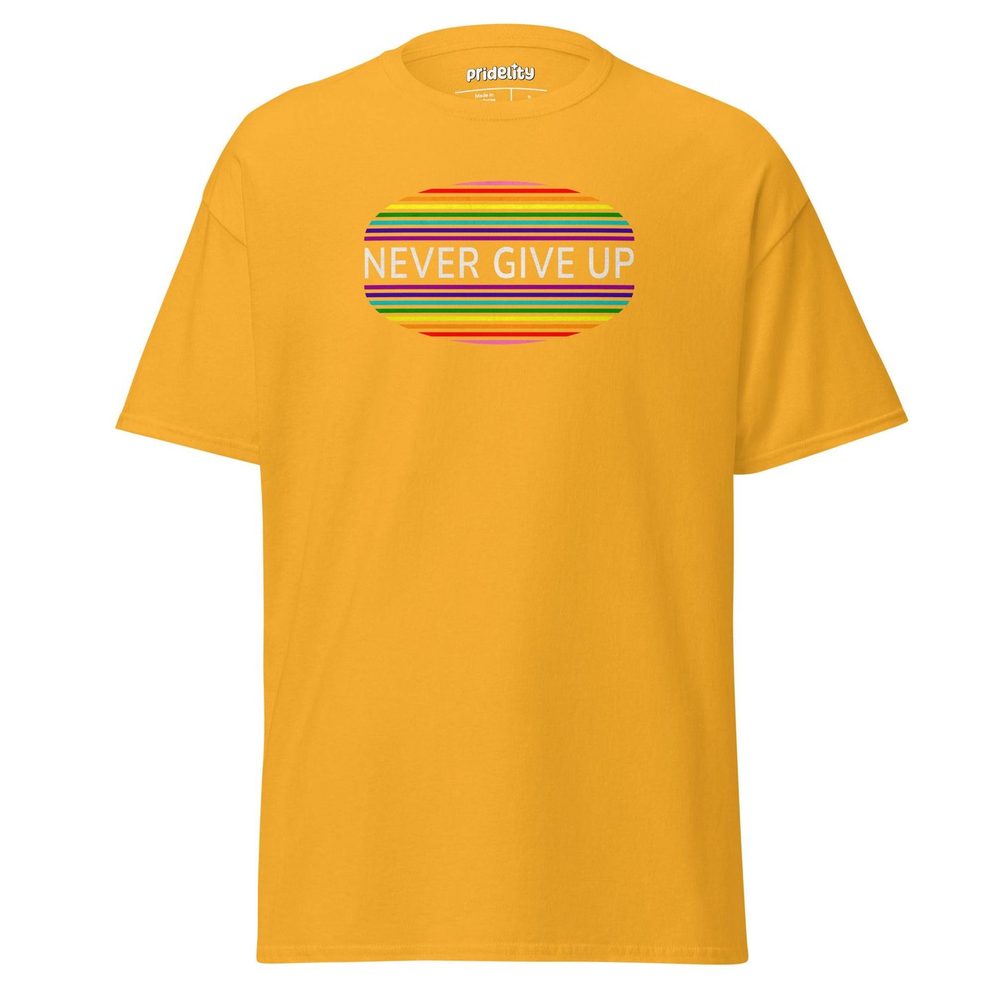 Introducing the "Never Give Up T-Shirt" by Pridelity, a black pride shirt featuring a rainbow-striped oval design with bold white letters.