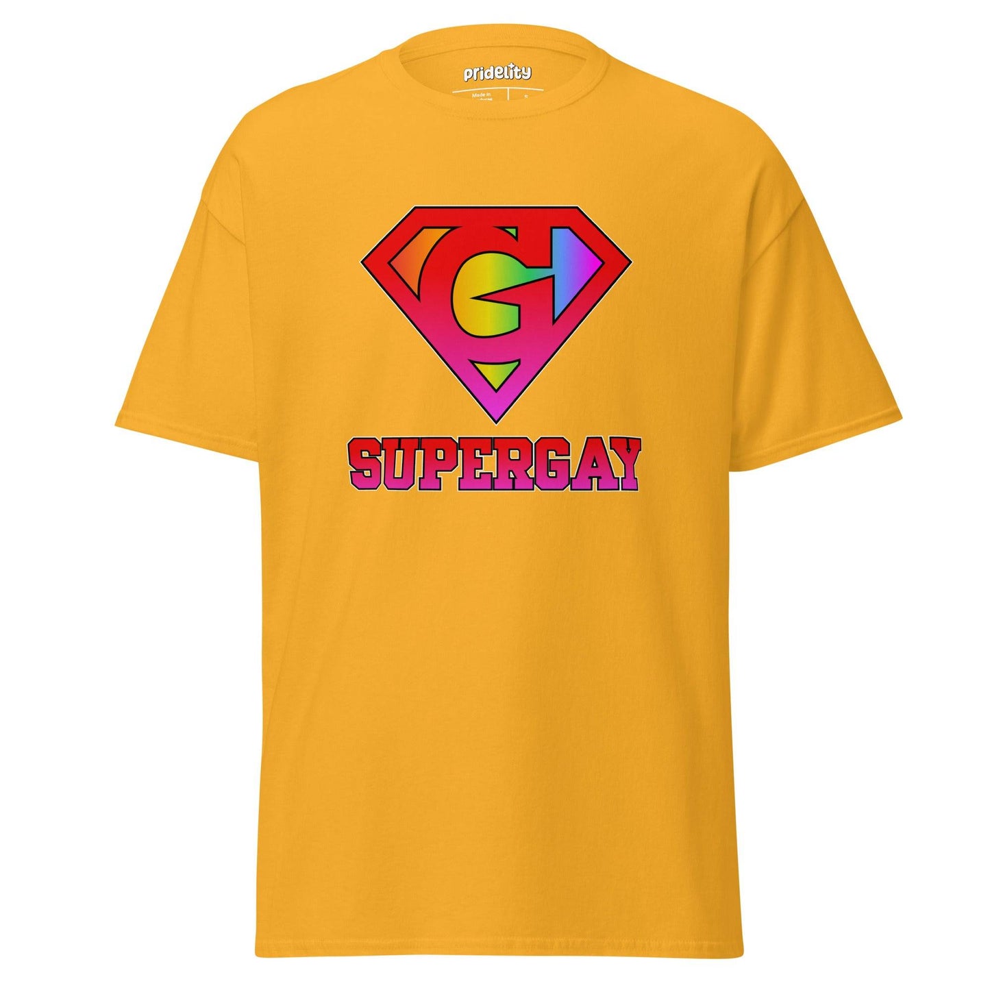 Pridelity's SuperGay T-Shirt in red showcases a rainbow-colored "S" symbol with arrows, reminiscent of the Superman logo, and prominently displays the word "SUPERGAY" underneath in large, bold letters.