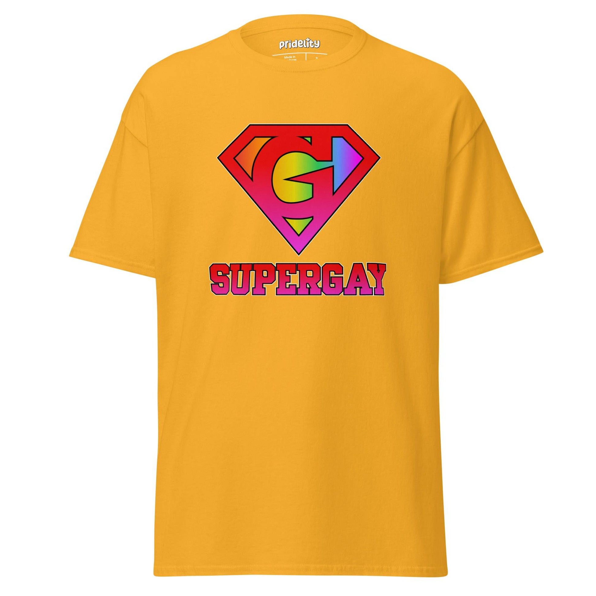 Pridelity's SuperGay T-Shirt in red showcases a rainbow-colored "S" symbol with arrows, reminiscent of the Superman logo, and prominently displays the word "SUPERGAY" underneath in large, bold letters.