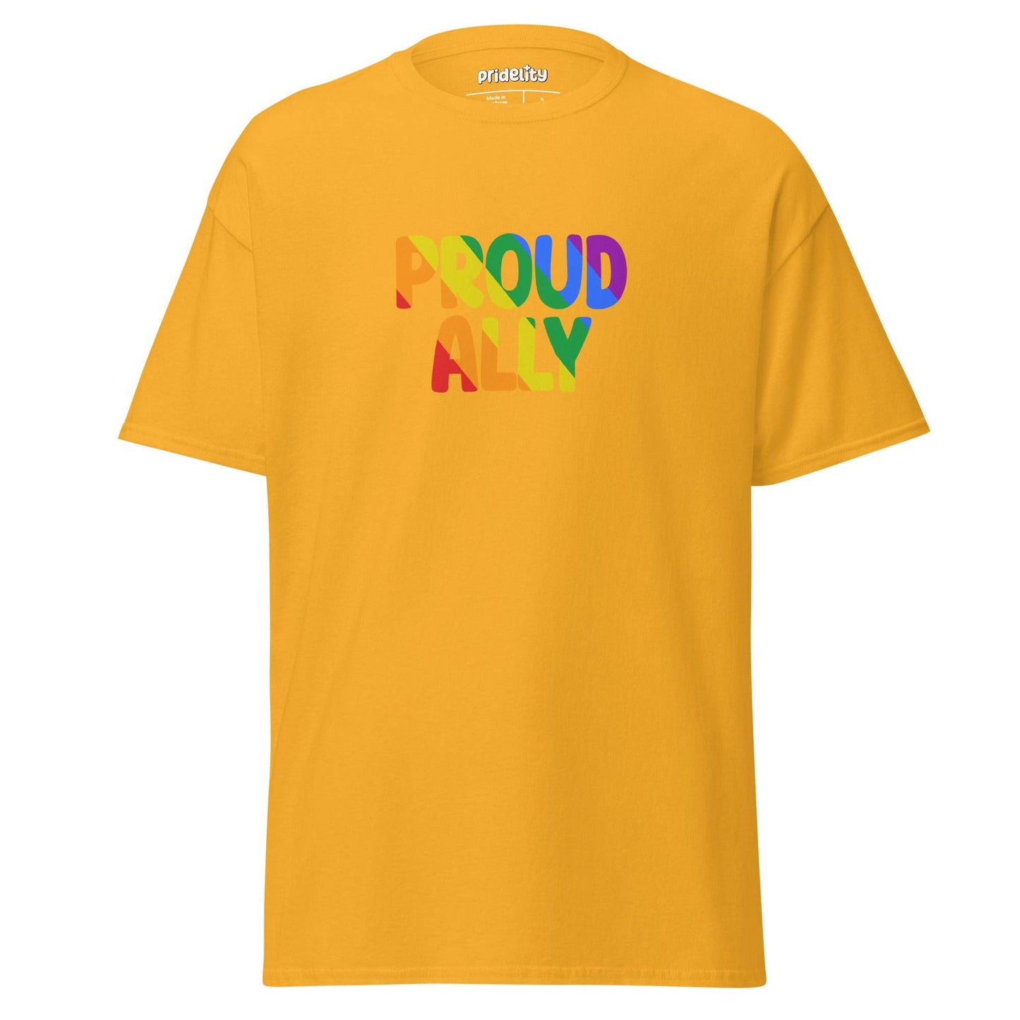 A black Proud Ally T-Shirt from Pridelity, showcasing "Proud Ally" in bold, rainbow-colored letters across the chest.