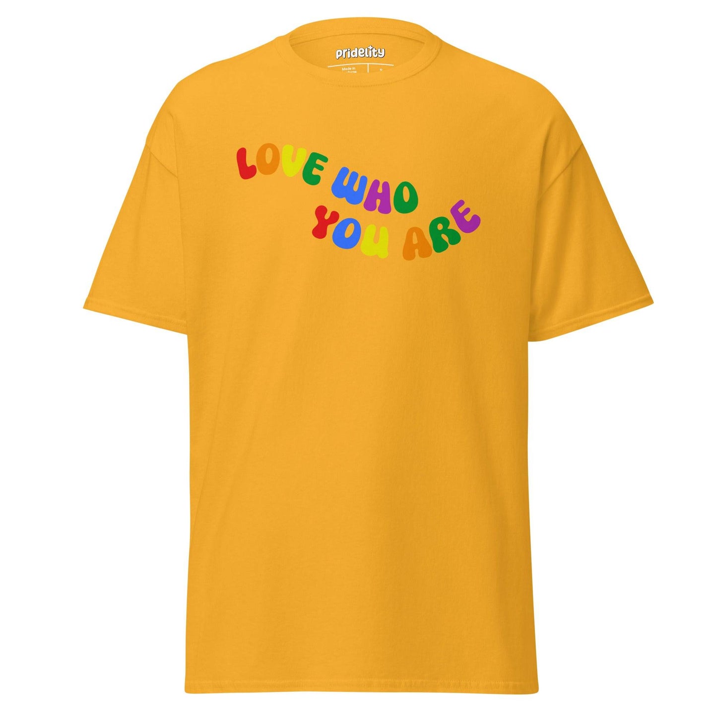 Introducing the Pridelity Love Who You Are T-Shirt in black, featuring vibrant lettering in red, yellow, green, blue, purple, and pink with the inspiring message "LOVE WHO YOU ARE" emblazoned across the front.