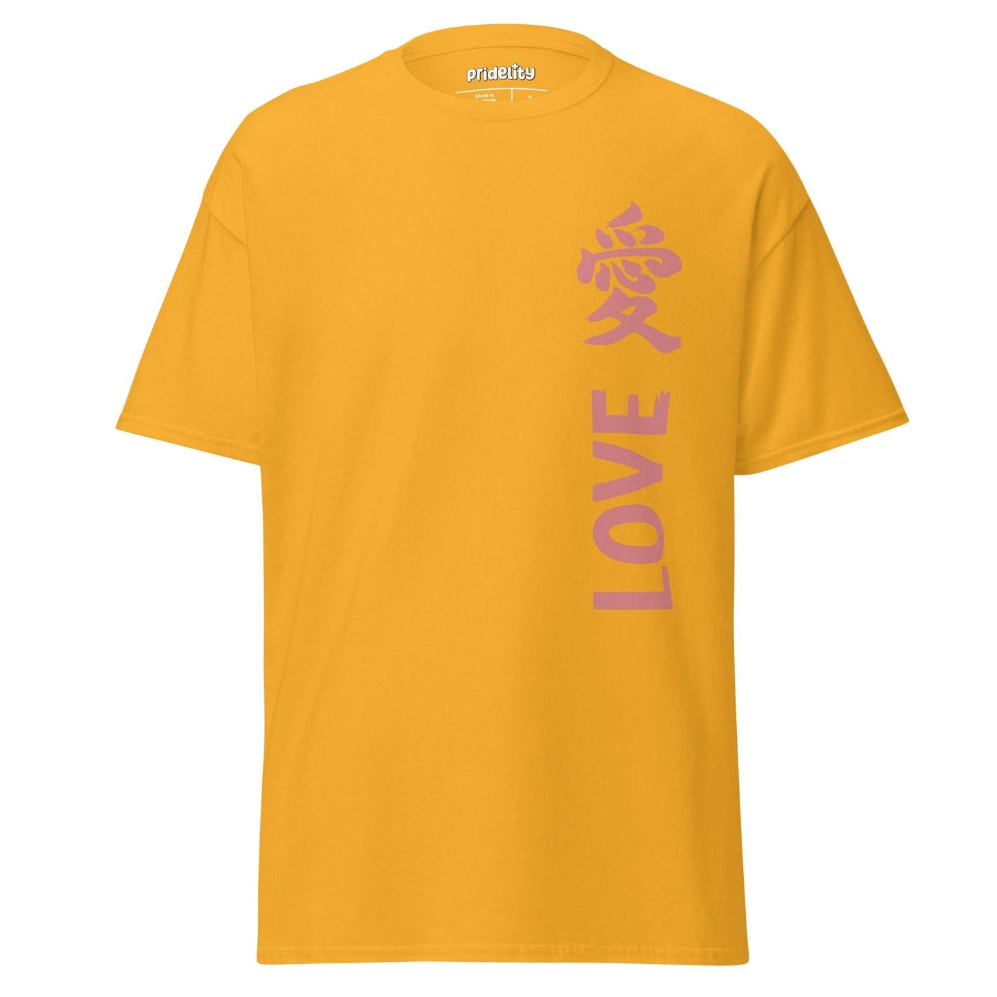 The Pridelity Love Kanji T-Shirt in cardinal features the word "LOVE" in bold, light gray vertical letters, topped with a Chinese character. The shirt has a round neckline.