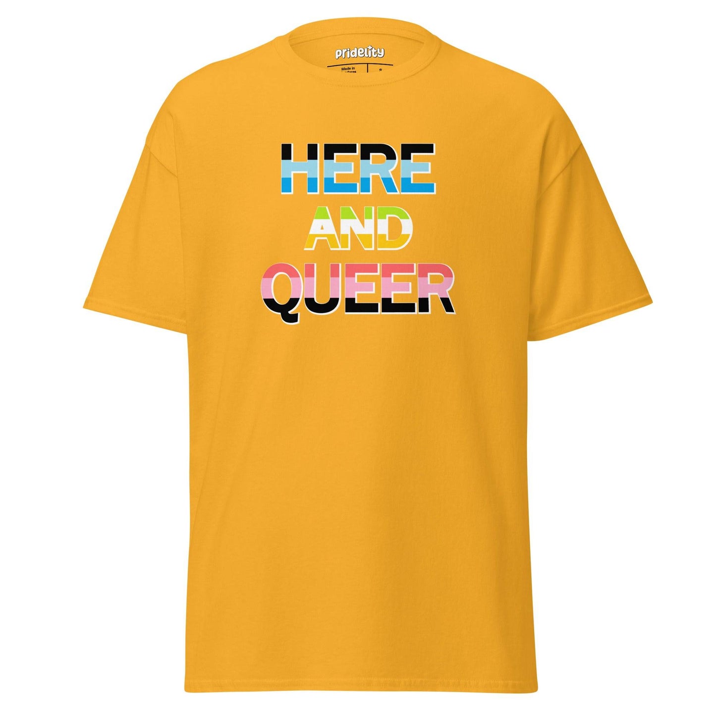 The Pridelity "Here And Queer" T-shirt showcases bold, block letters filled with the vibrant light blue, pink, and white of the transgender pride flag against a classic black background. Make a statement with this eye-catching item from our pride collection.