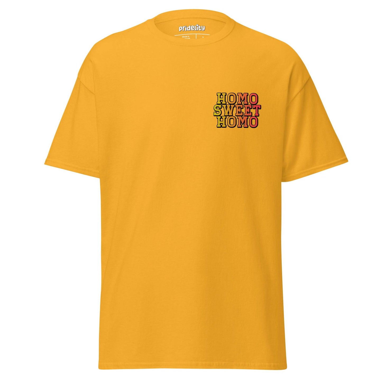 Radiant orange Homo Sweet Homo T-shirt by Pridelity, showcasing the vibrant multicolored "HOMO SWEET HOMO" text across the chest, ideal for celebrating pride collections.