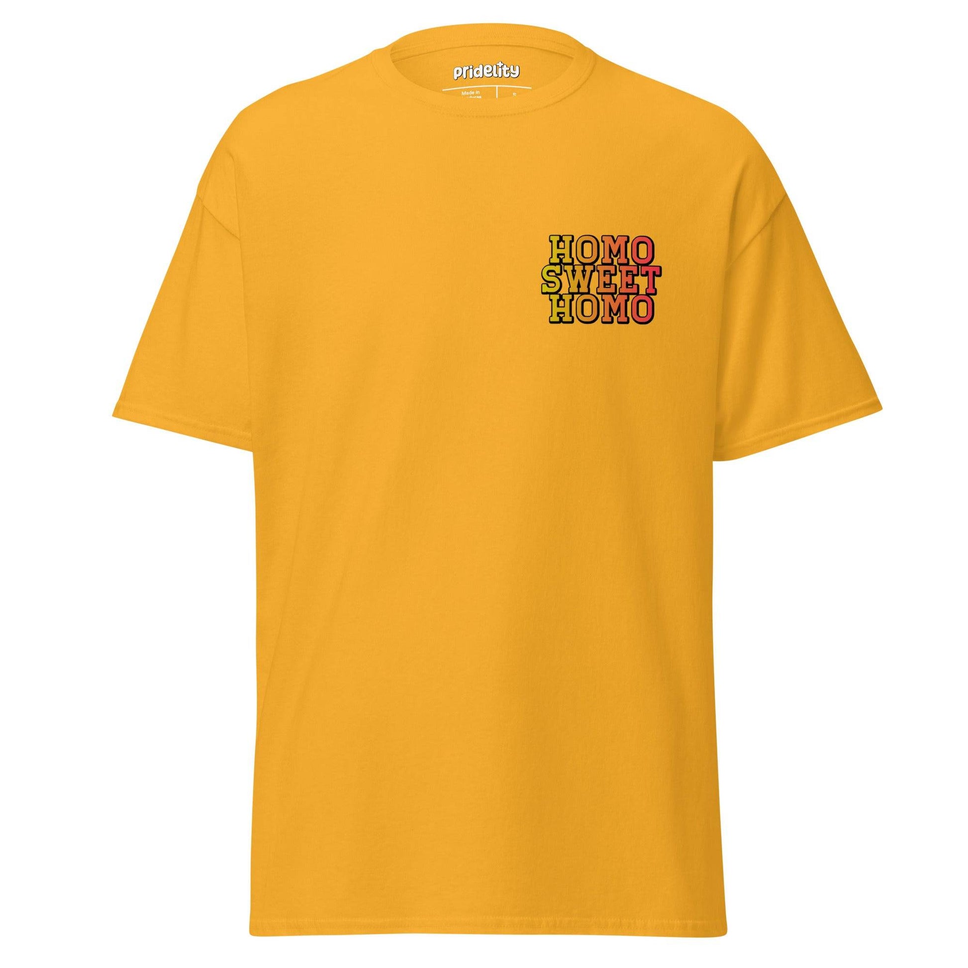 Radiant orange Homo Sweet Homo T-shirt by Pridelity, showcasing the vibrant multicolored "HOMO SWEET HOMO" text across the chest, ideal for celebrating pride collections.