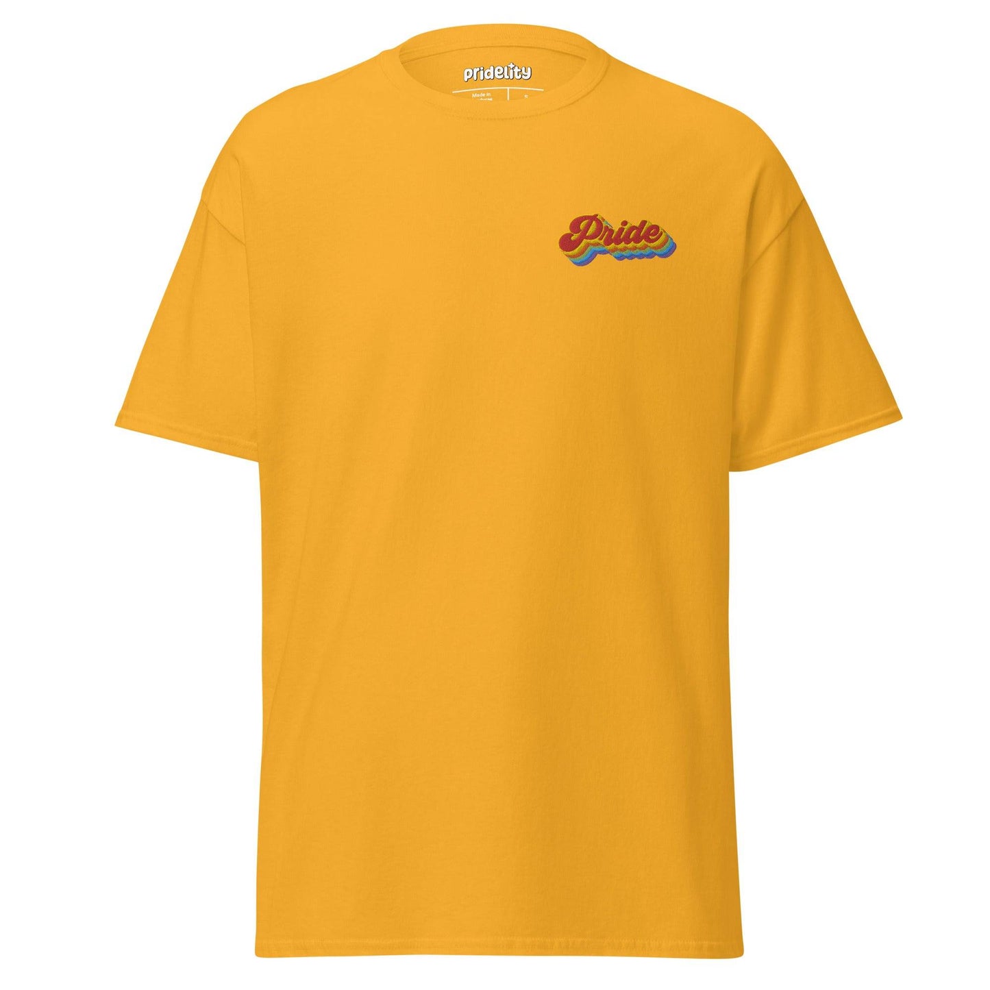A Pride T-Shirt in vibrant red showcases a small, colorful "Pride" logo on the chest, with the brand name "Pridelity" elegantly displayed on the inside label at the neck.