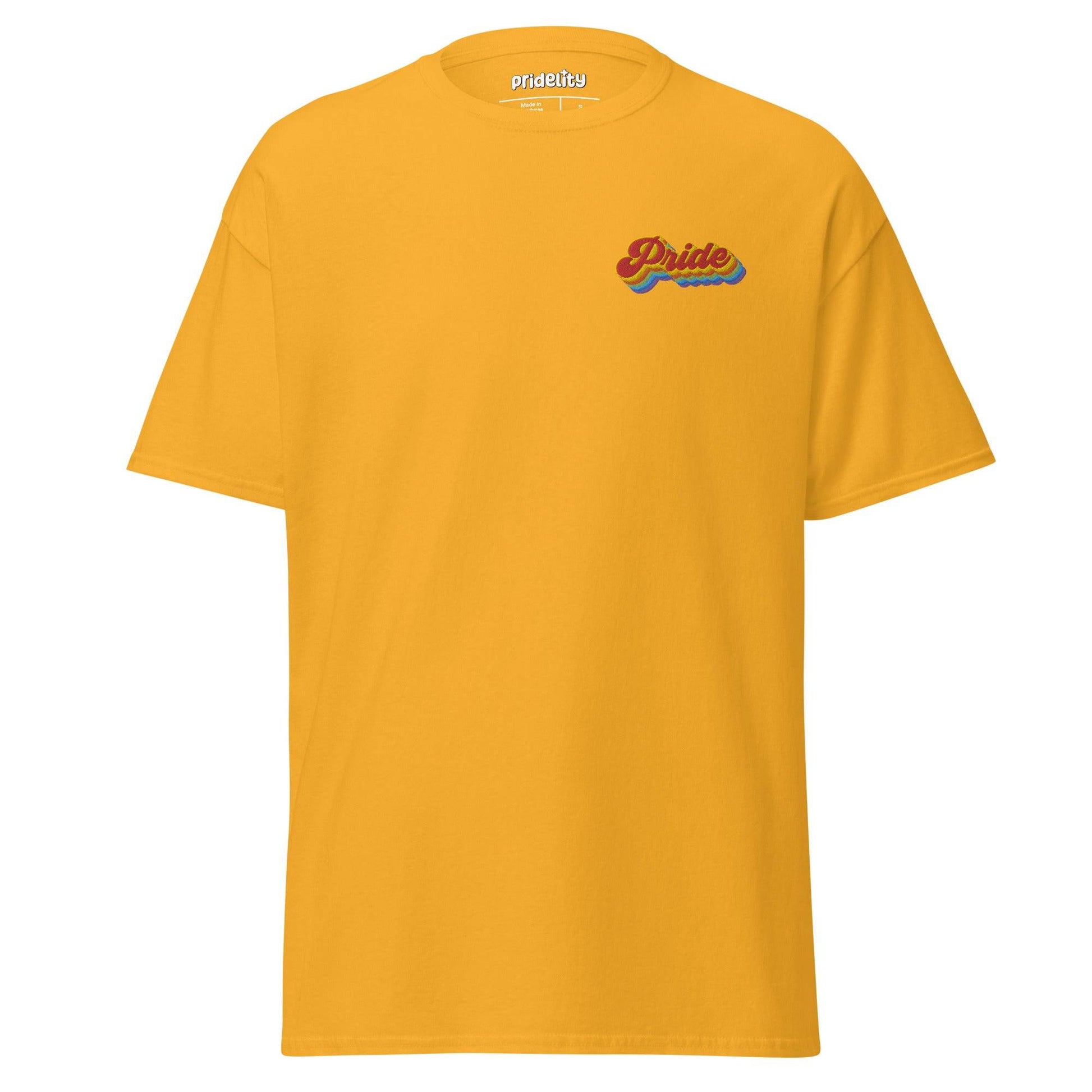 A Pride T-Shirt in vibrant red showcases a small, colorful "Pride" logo on the chest, with the brand name "Pridelity" elegantly displayed on the inside label at the neck.