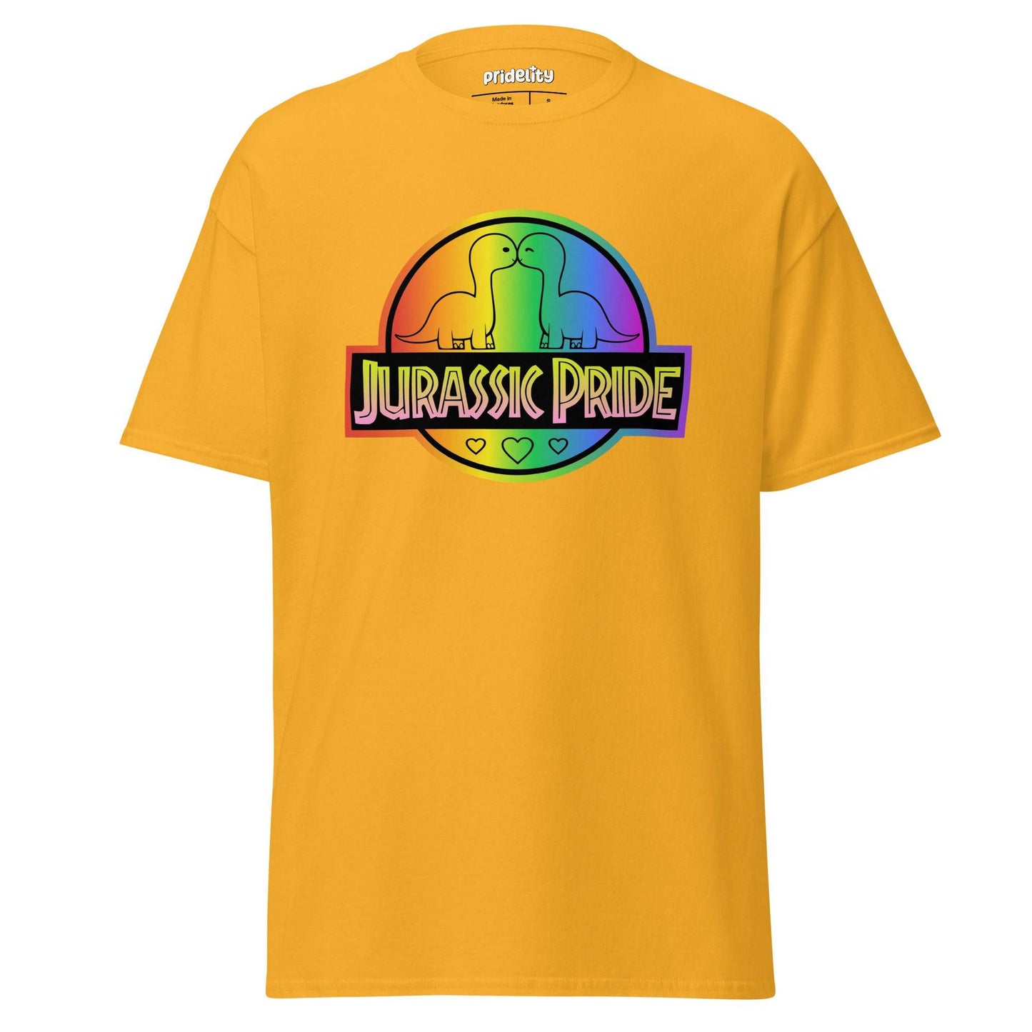 Introducing the Pridelity Jurassic Pride T-Shirt, a vibrant red shirt featuring a rainbow logo with two dinosaurs and the phrase "Jurassic Pride" adorned above three small heart icons.