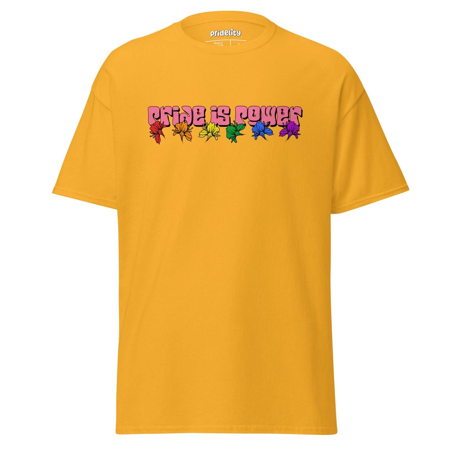 Introducing the Pride Is Power T-Shirt by Pridelity, adorned with "PRIDE IS POWER" in vivid, bold letters across the chest and complemented by a row of six stylish leaves representing each hue of the rainbow.