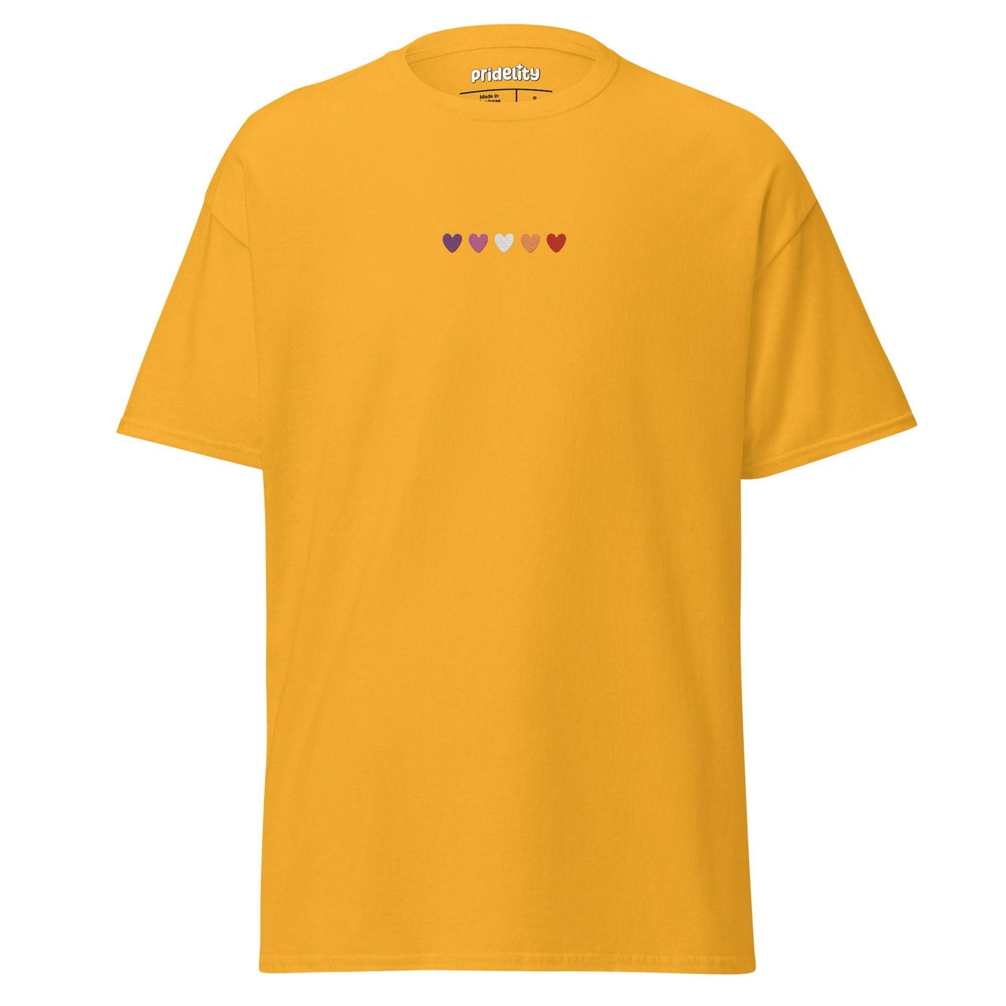 A maroon t-shirt called the Lesbian Love T-Shirt features six small hearts across the chest, each in different colors: purple, blue, teal, green, orange, and yellow. The brand name "Pridelity" is printed on the inside of the neckline.