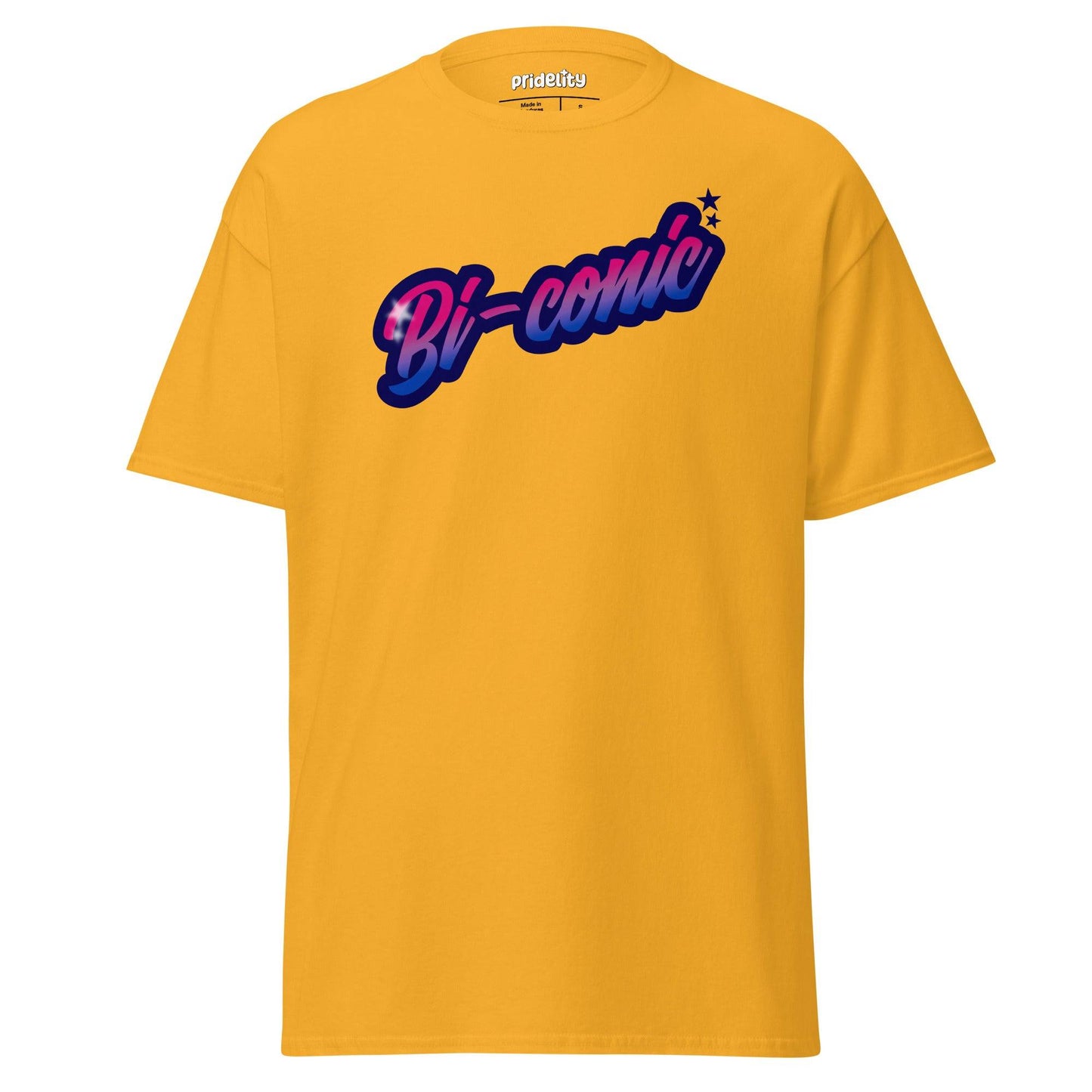 Introducing the Bi-Conic T-Shirt by Pridelity, a black tee from our Pride Merch collection, adorned with the vibrant, multicolored "Bi-conic" text across the front.