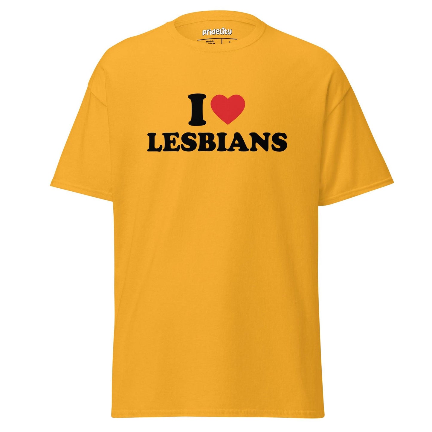 The "I Love Lesbians T-Shirt" by Pridelity is a pink pride shirt showcasing bold text saying "I ♥ LESBIANS" on the front, highlighted with a vibrant red heart symbol.