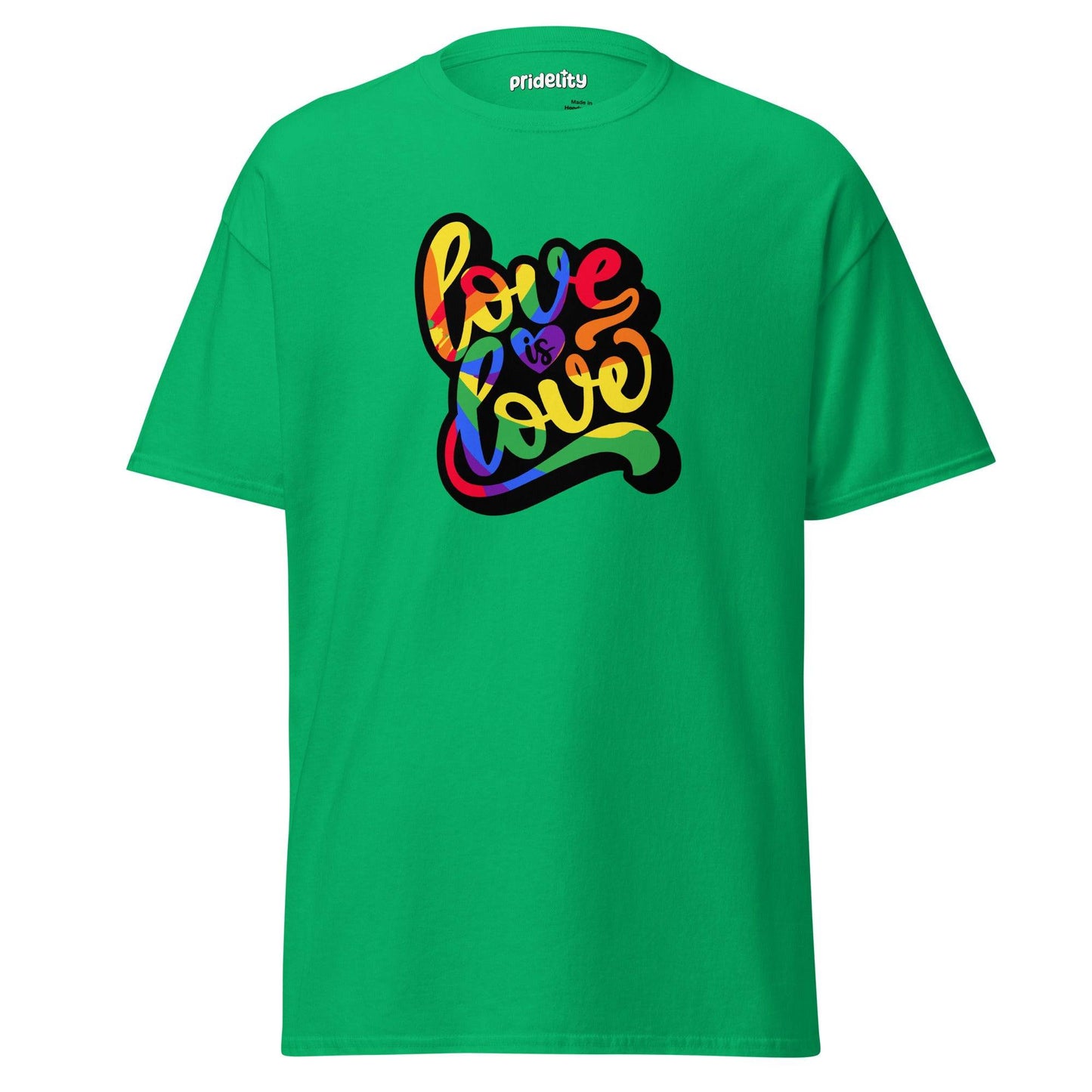 The Love Is Love T-Shirt by Pridelity is a royal blue shirt adorned with the vibrant, multicolored phrase "love is love" in a cursive style. The design shines with bold rainbow hues, and the inside collar proudly displays the Pridelity brand name.