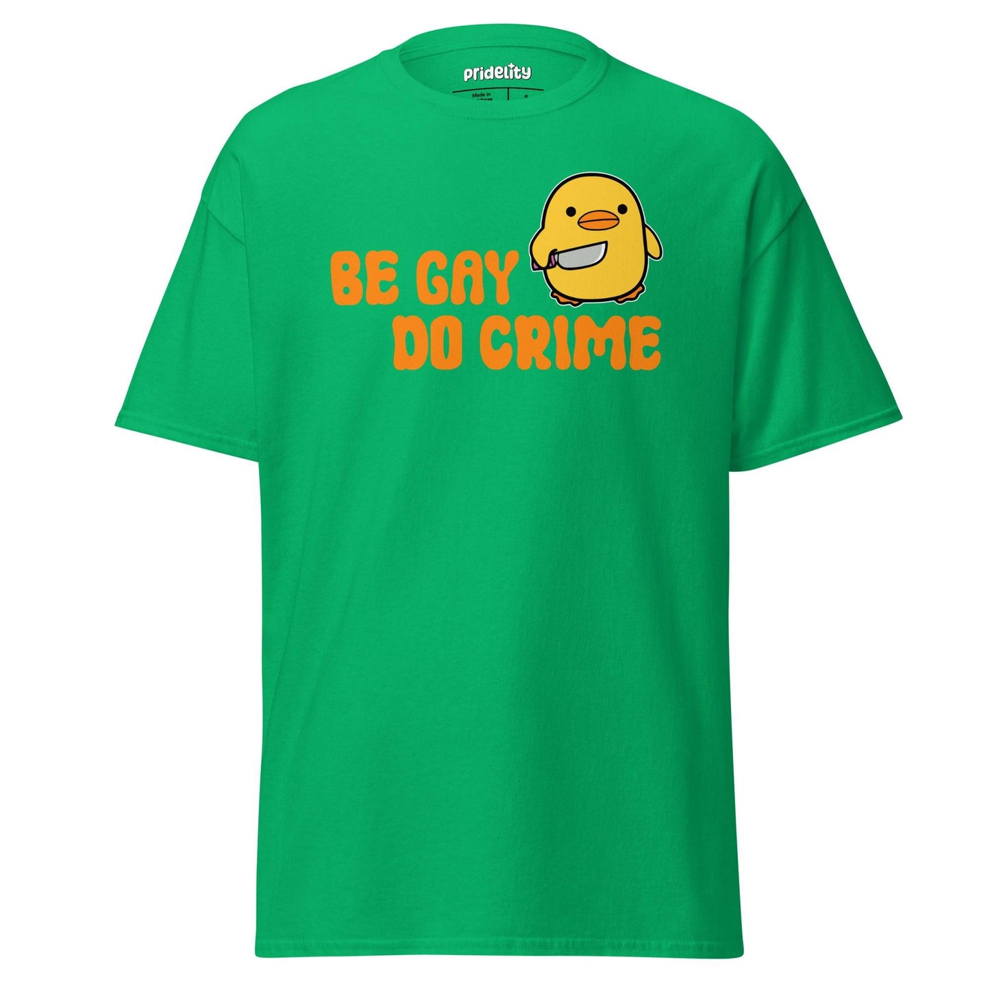 The Be Gay Do Crime T-Shirt by Pridelity features a cartoon chick holding a knife, set against a yellow background with bold orange text reading "BE GAY DO CRIME" at the top.