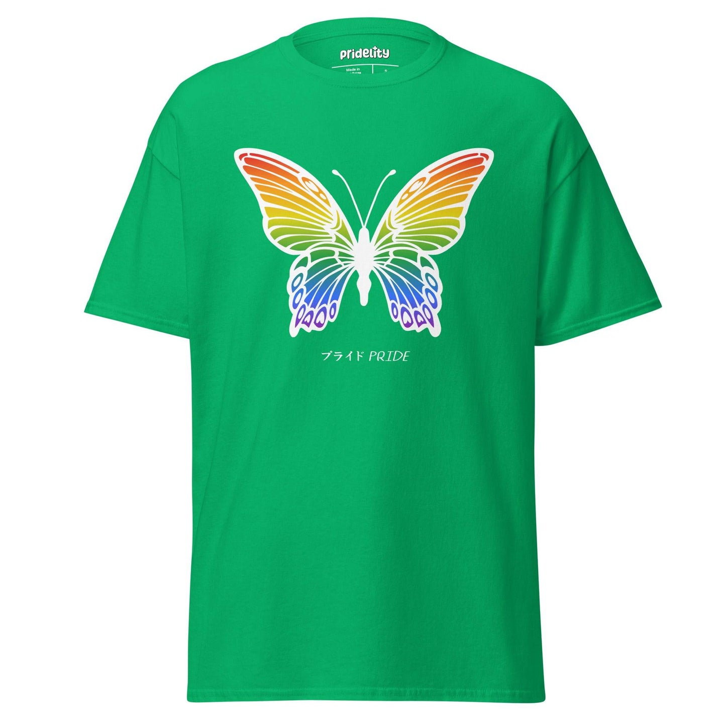 Introducing the Butterfly T-Shirt by Pridelity, a purple masterpiece showcasing a vibrant rainbow butterfly at its heart. "PRIDE" is gracefully inscribed in both English and Japanese below the butterfly, making it a highlight of our Pride Collections.
