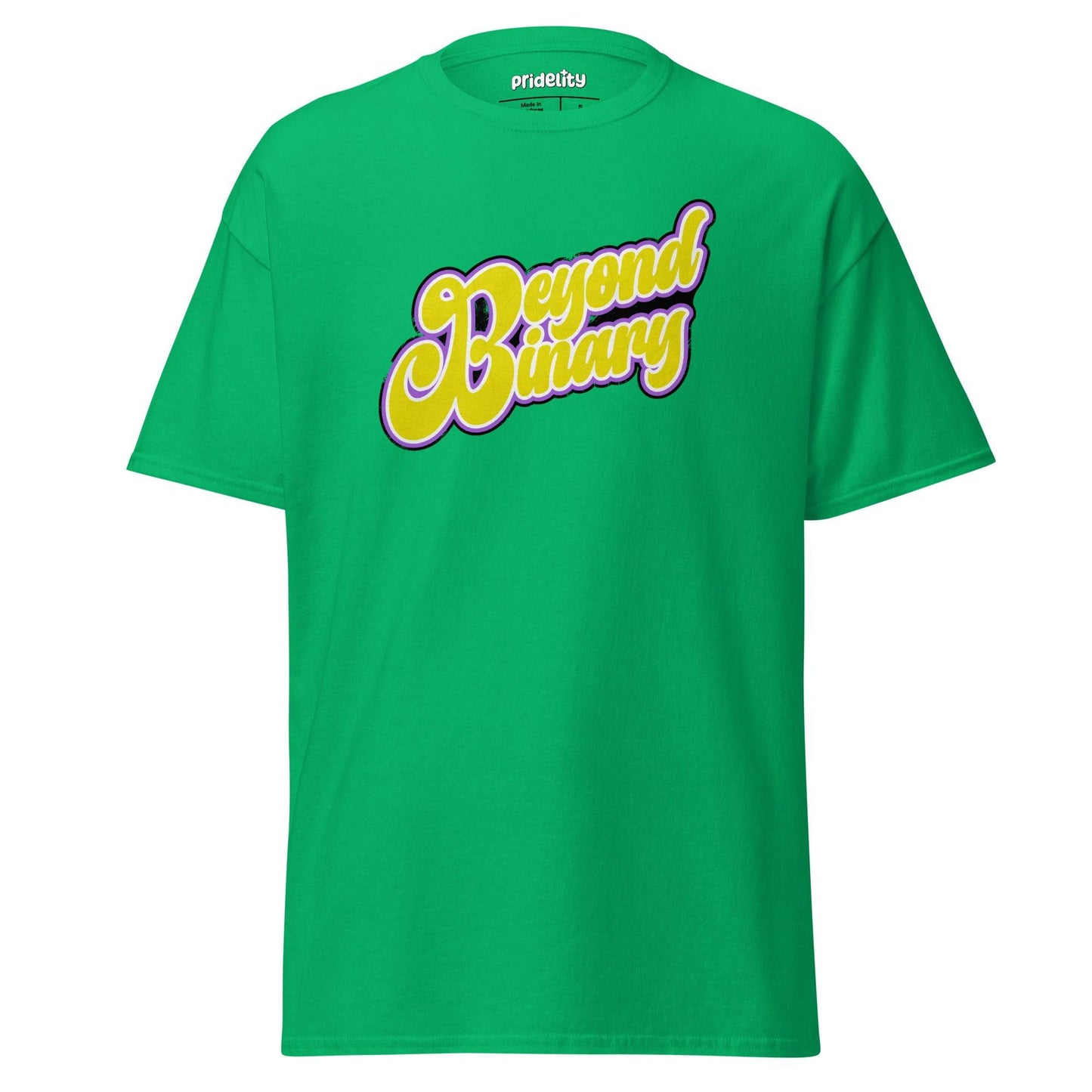 The Beyond Binary T-Shirt from Pridelity showcases bold, stylized purple and yellow text reading "Beyond Binary" across the chest, and it's part of our Pride Collection.