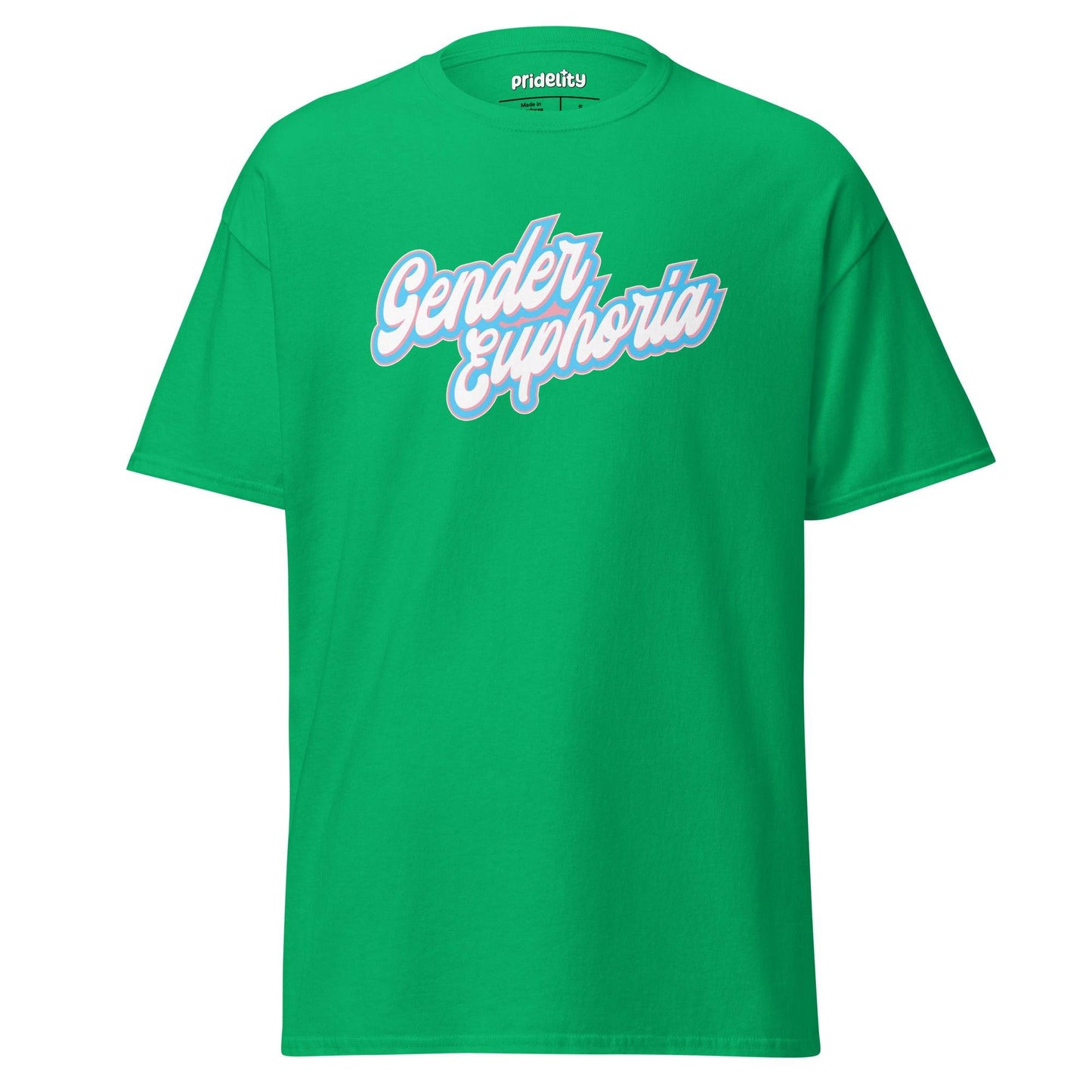 Light blue Pridelity T-shirt from our exclusive pride collection, featuring "Gender Euphoria" boldly printed in white and pink script across the front.