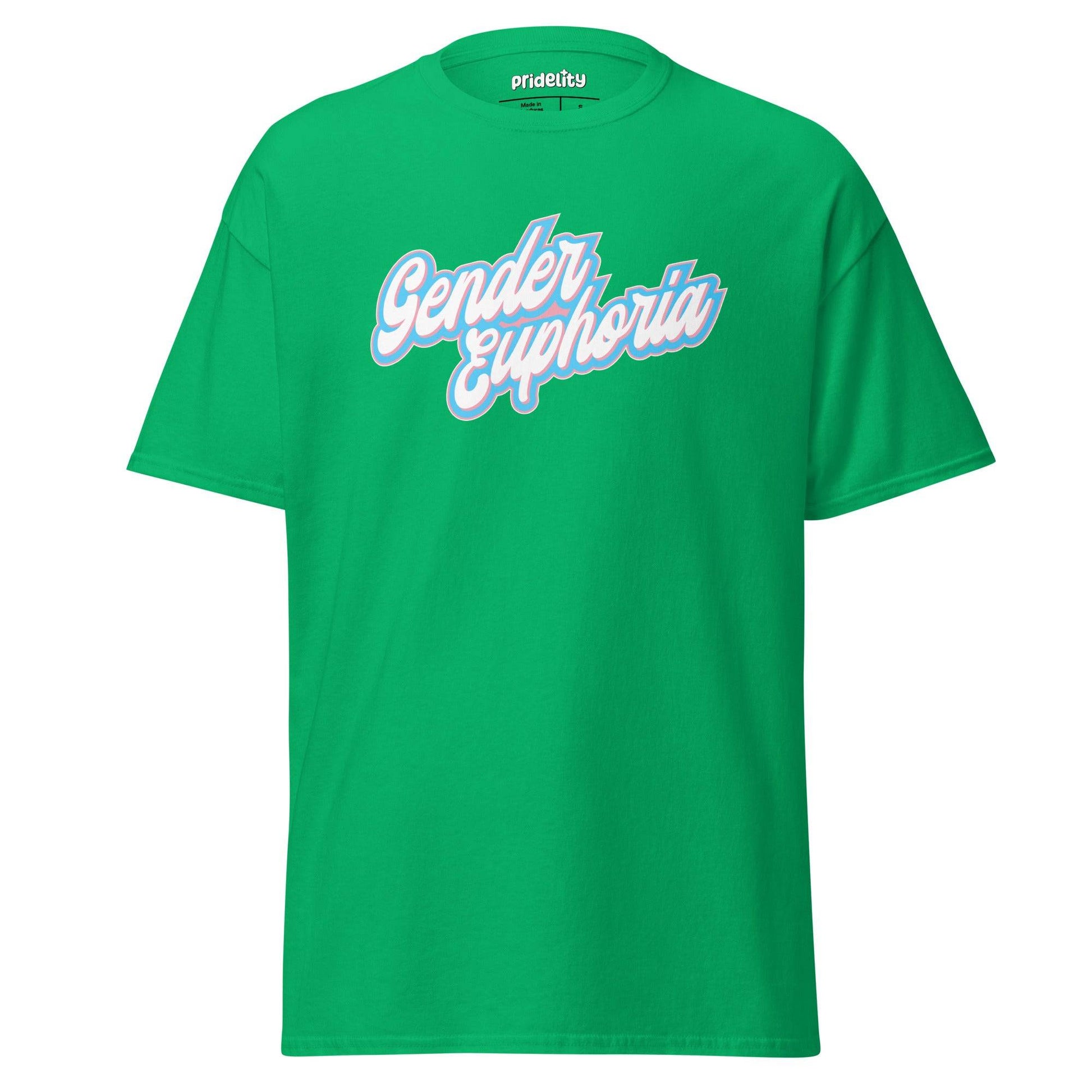 Light blue Pridelity T-shirt from our exclusive pride collection, featuring "Gender Euphoria" boldly printed in white and pink script across the front.