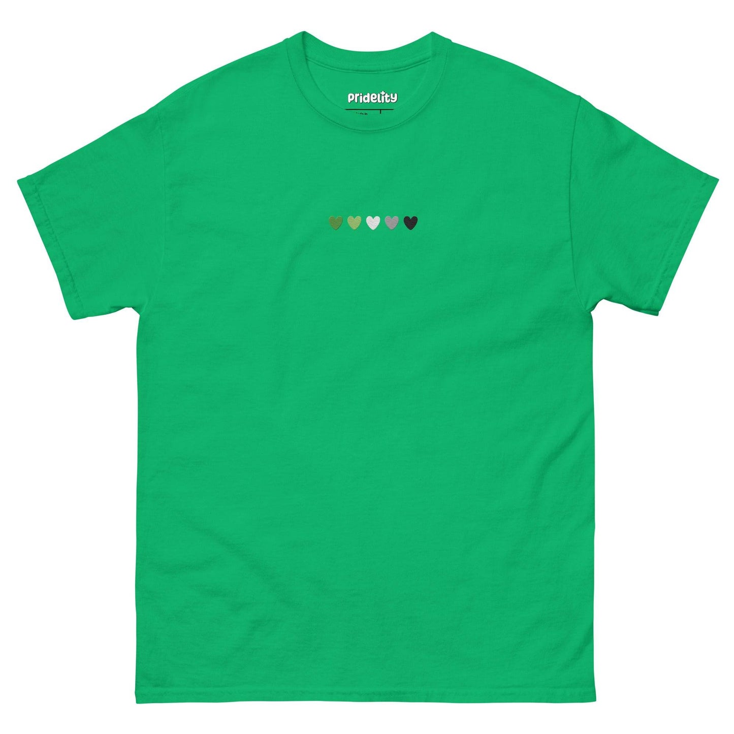 The Aromantic Love T-Shirt by Pridelity is cream-colored and features a row of small hearts across the chest in green, light green, white, gray, and black.