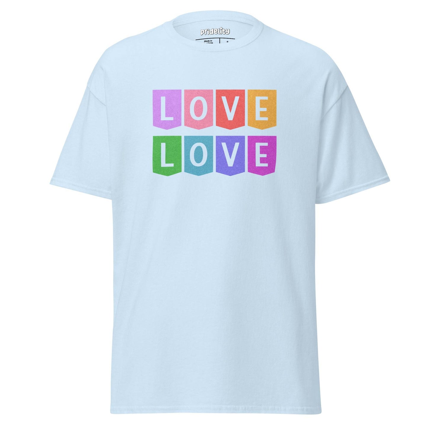 Introducing the Love Love T-Shirt by Pridelity: a striking black pride shirt adorned with "LOVE" in vibrant, bold, block-style letters. The top row features pink and orange, while the bottom row showcases green and blue.