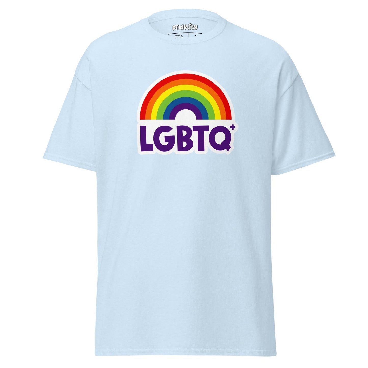 Introducing the Pridelity LGBTQ+ Rainbow T-Shirt: a black shirt adorned with a vibrant rainbow arching over bold, colorful "LGBTQ+" lettering.