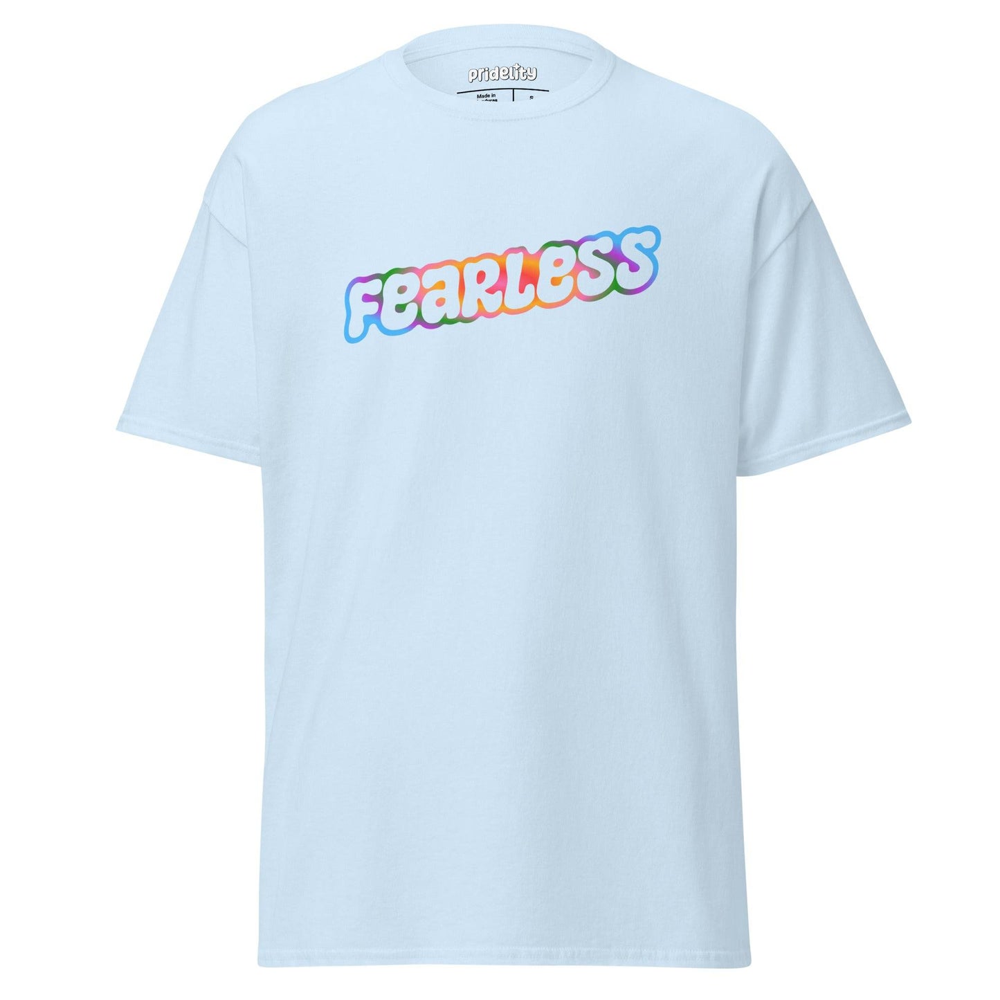 Introducing Pridelity's Fearless T-Shirt: a black tee featuring "Fearless" emblazoned in bold, colorful letters across the chest. This item is part of Pridelity's vibrant pride collections, celebrating courage and authenticity.