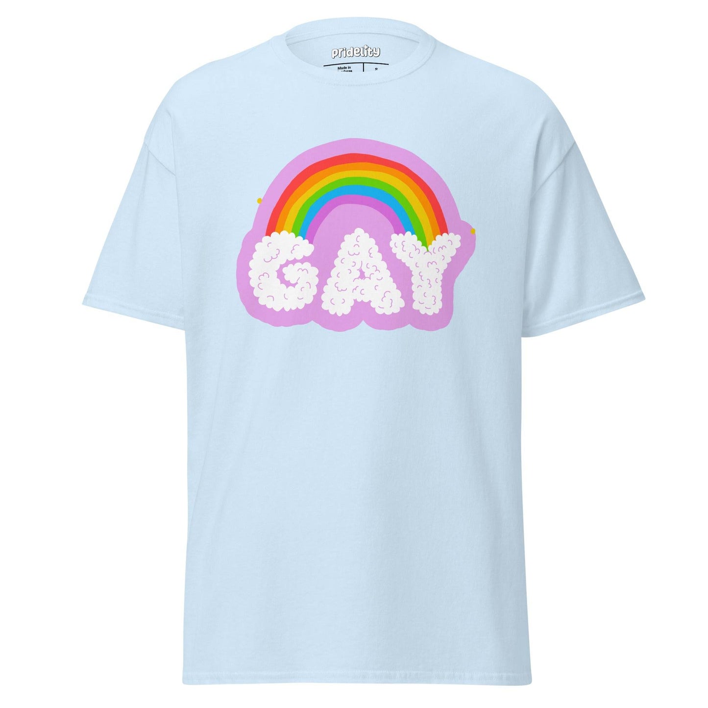 Introducing the Cloudy T-Shirt from Pridelity's vibrant Pride Collections. This white tee features a lively rainbow arched above the word "GAY," creatively styled in bubble letters with a bold purple outline.