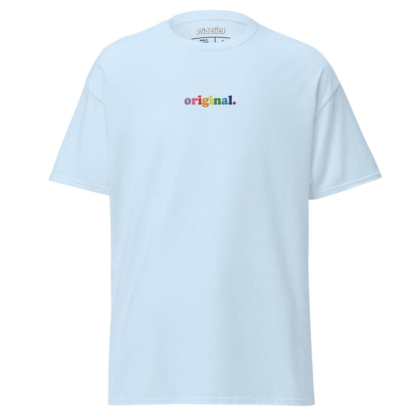 The Original T-Shirt by Pridelity is a plain white pride shirt showcasing the word "original." in lowercase multicolored text across the chest. With its short sleeves and round neckline, it stands as a statement of bold authenticity.