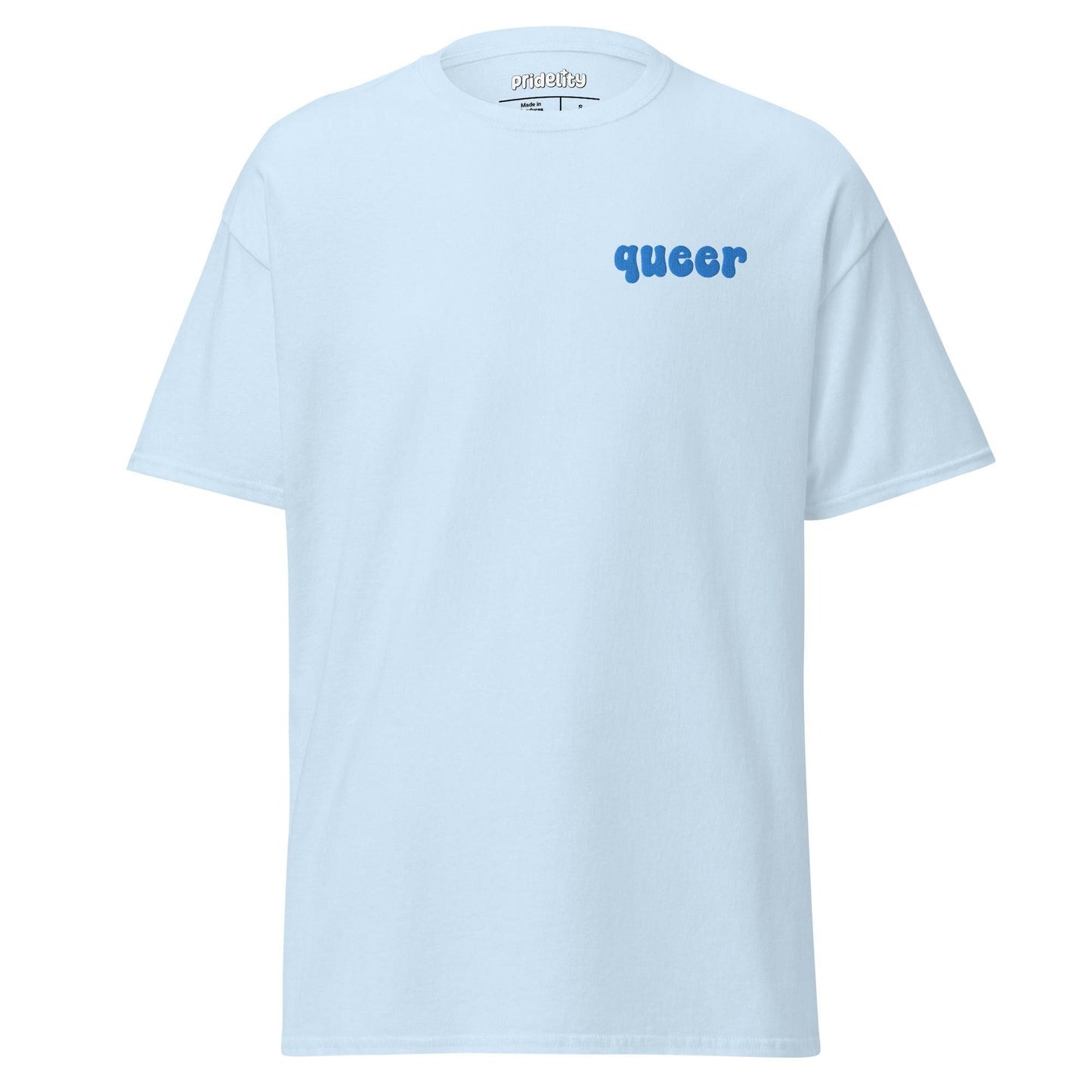 Pridelity's "Queer T-Shirt" in white showcases the word "queer" in striking bold blue text on the upper left side.