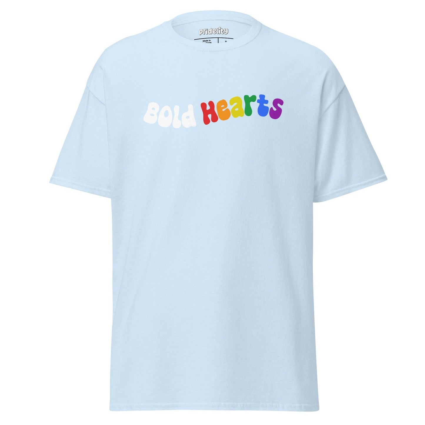 Introducing the "Bold Hearts T-Shirt" by Pridelity: a vibrant black t-shirt from our Pride Collection, showcasing the playful text "Bold Hearts." Each letter explodes with a unique color—white, red, orange, yellow, green, and purple—celebrating individuality and love.