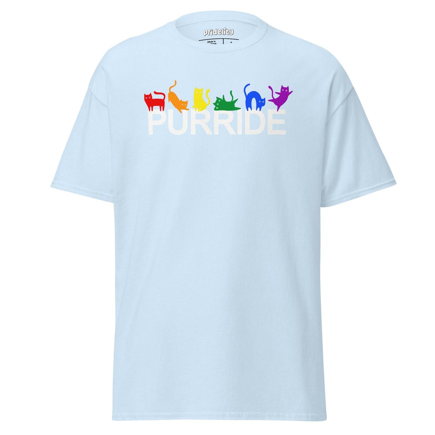 Pridelity's black Purride T-Shirt features the word "PURRIDE" in striking white letters, each adorned with a bright rainbow-colored cat silhouette. The array of red, orange, yellow, green, blue, and purple cats adds a playful nod to diversity through a feline lens.