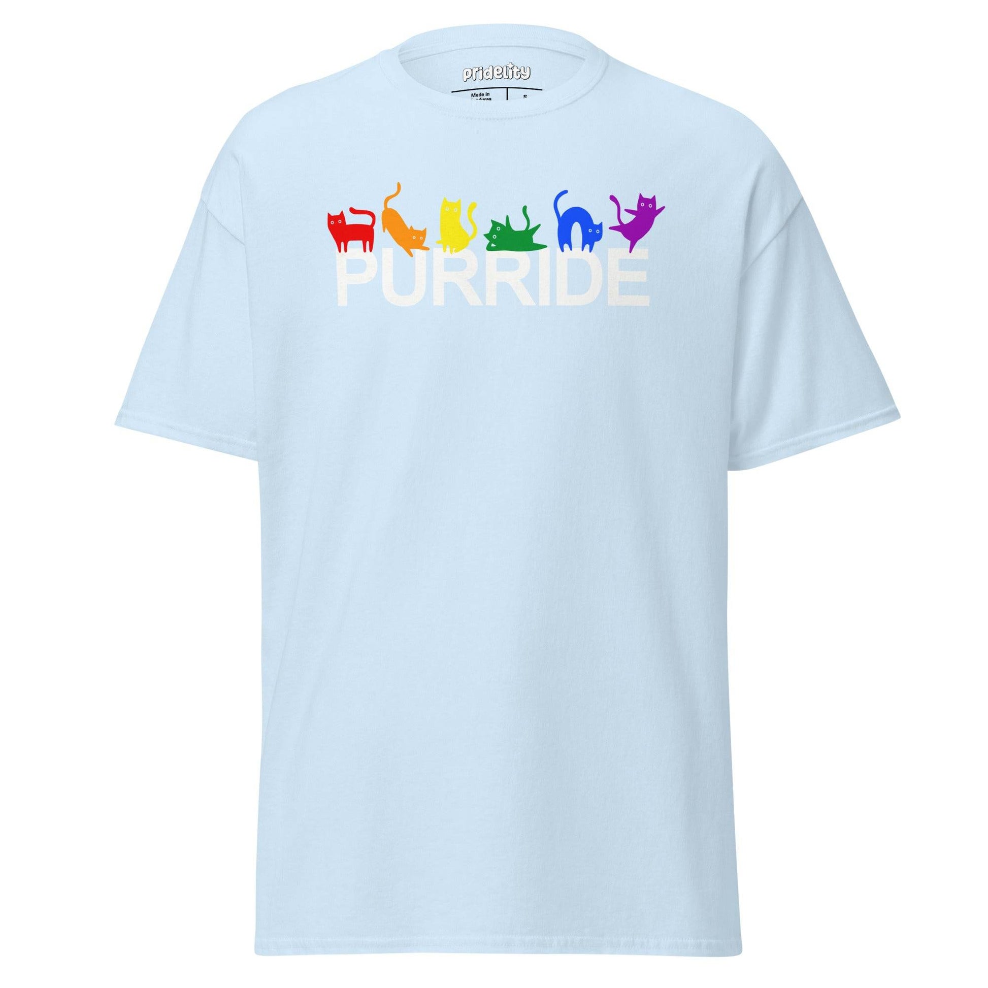 Pridelity's black Purride T-Shirt features the word "PURRIDE" in striking white letters, each adorned with a bright rainbow-colored cat silhouette. The array of red, orange, yellow, green, blue, and purple cats adds a playful nod to diversity through a feline lens.