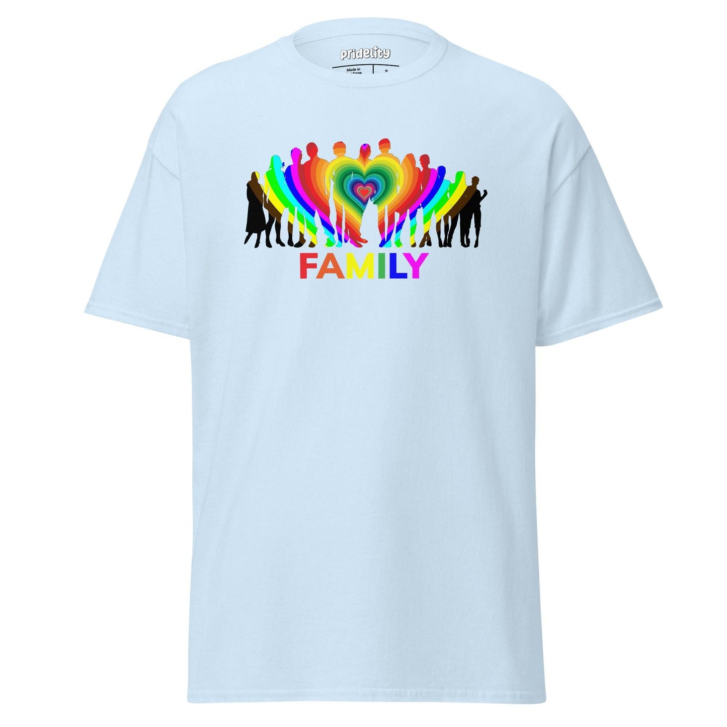 A natural-colored Family T-Shirt from Pridelity's pride collection features a striking rainbow silhouette of a family with a heart at the center. The word "FAMILY" is elegantly displayed in rainbow colors below, making it an essential piece of pride merchandise.