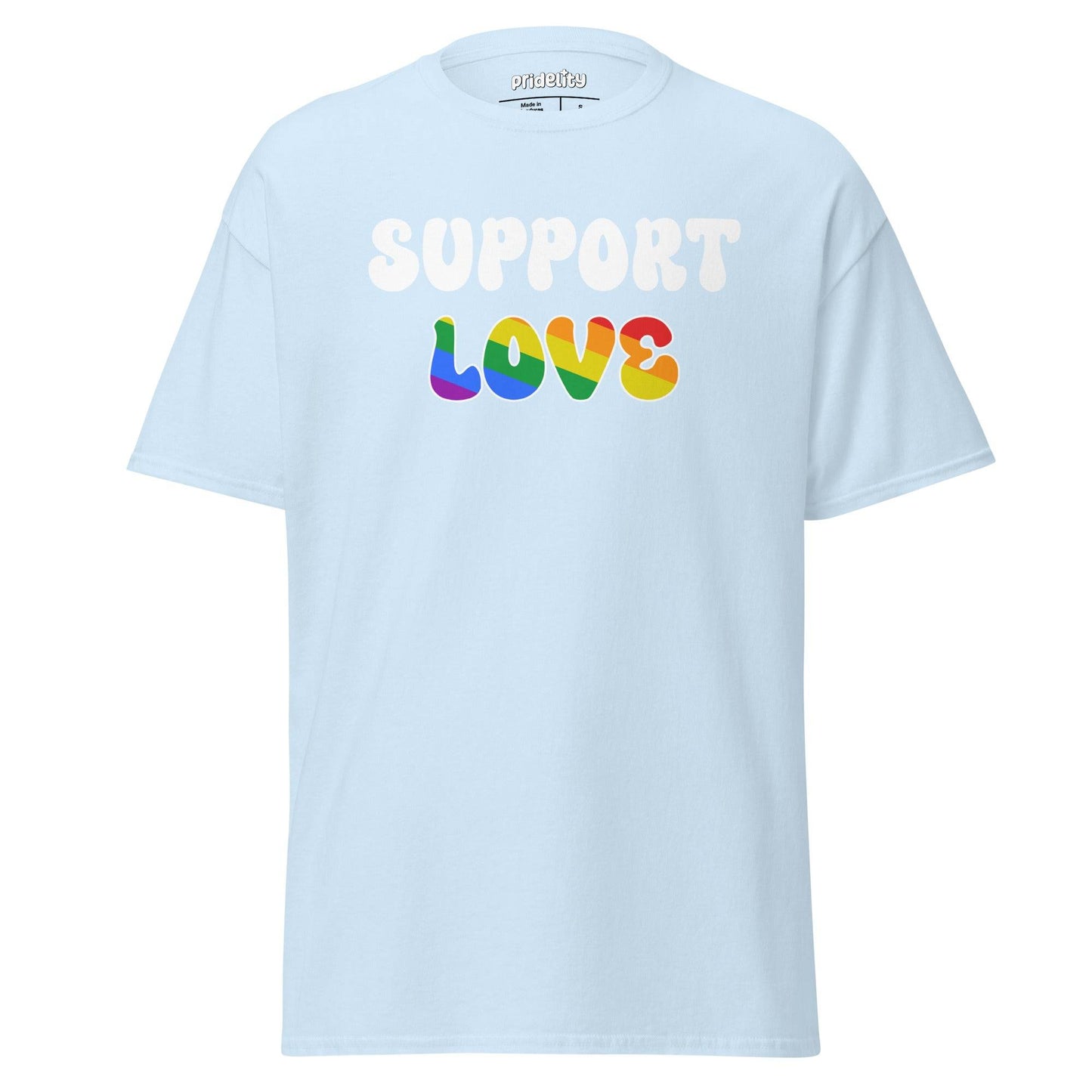A red Pridelity Support T-Shirt featuring the bold and colorful phrase "SUPPORT LOVE.