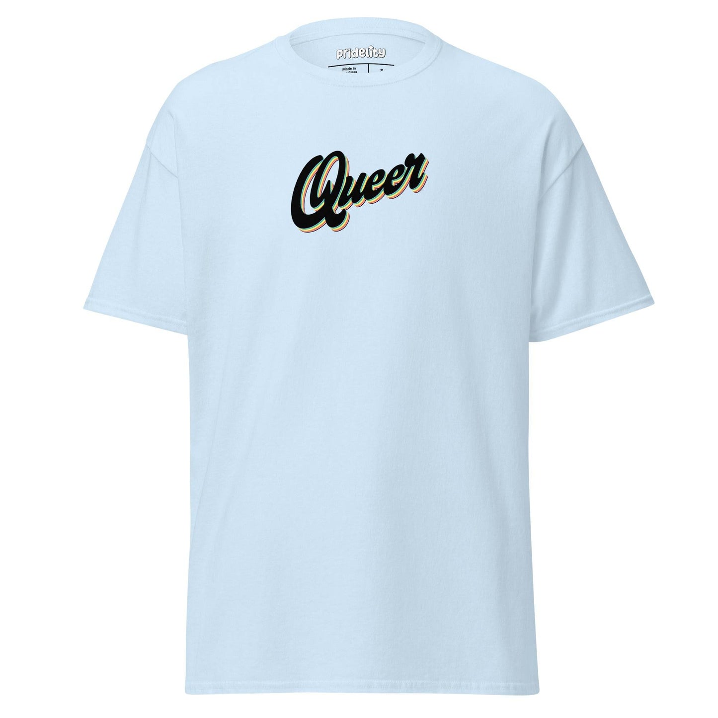 Introducing the Queer T-Shirt by Pridelity, a white pride top that prominently displays the word "Queer" in bold, stylized black and gold letters across the chest.