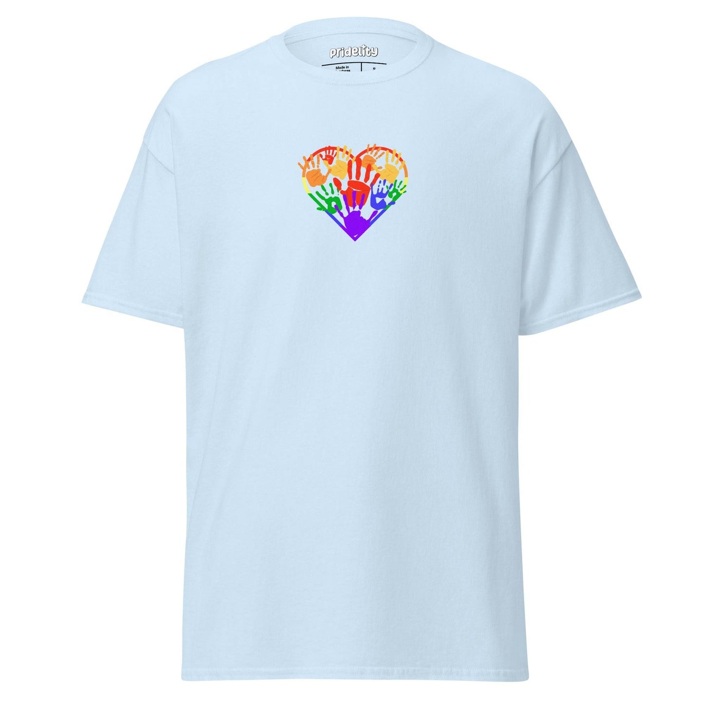 Introducing the Heartfelt Pride T-Shirt by Pridelity, a purple tee from our pride merch collection. It showcases a heart-shaped design of hands in diverse skin tones raised together in solidarity and rainbow colors, with "Pridentity" printed on the neck label.