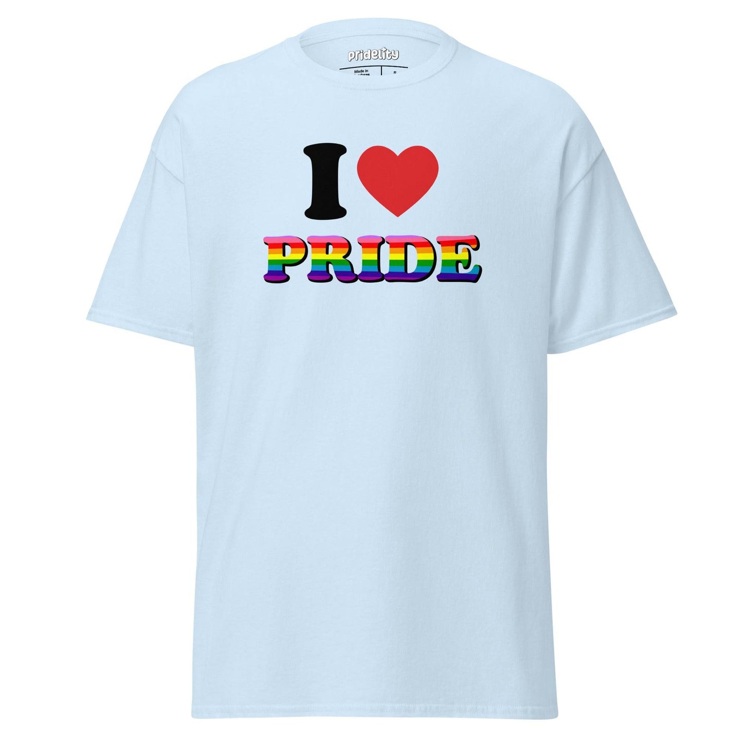 Introducing the I Love Pride T-Shirt from Pridelity: This white T-shirt showcases "I ♥ PRIDE" on the front, with a vibrant red heart and dazzling rainbow-colored letters for "PRIDE".