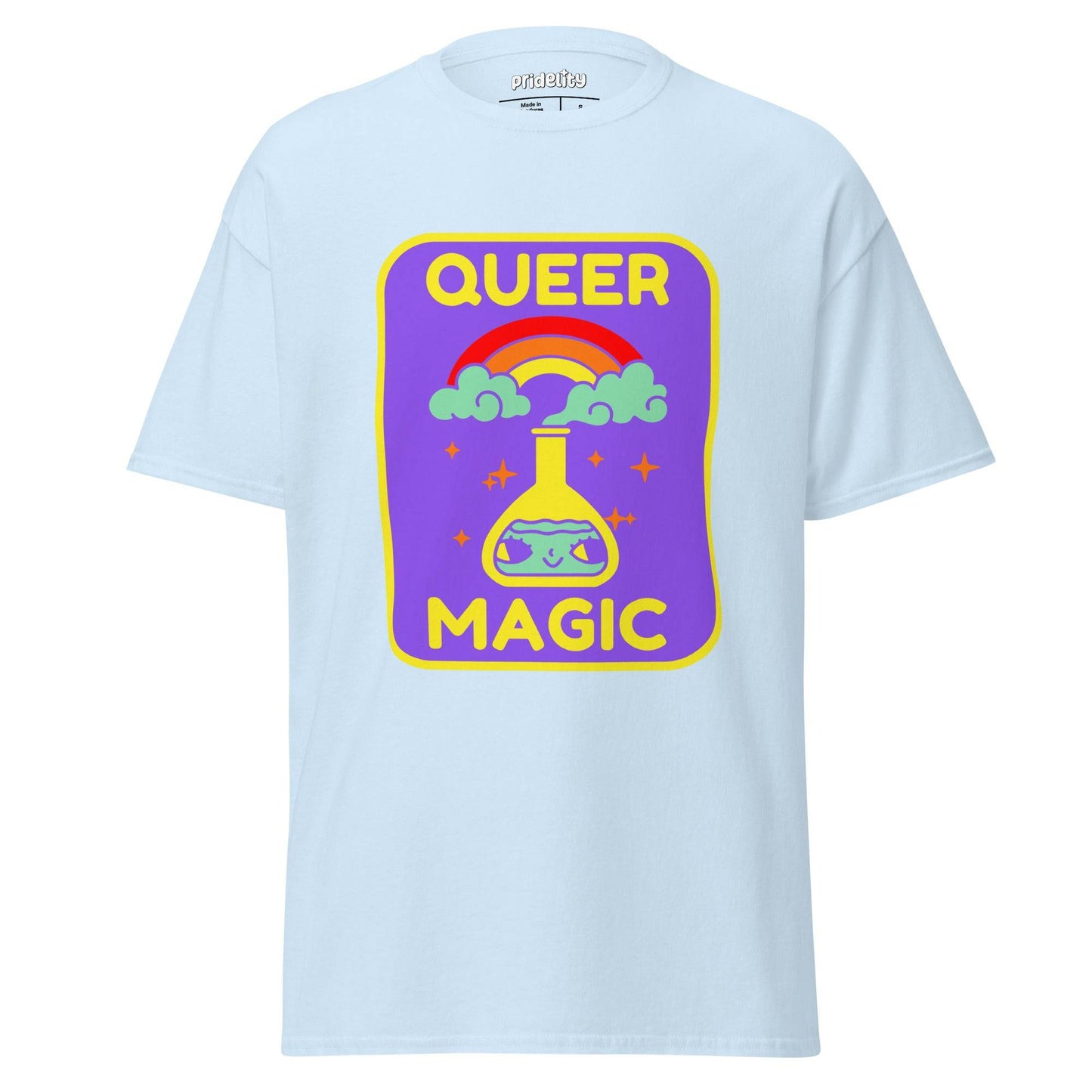 Celebrate diversity with the Queer Magic T-Shirt from Pridelity. This purple tee features a lively design of a potion flask, encircled by clouds, a rainbow, and stars, accompanied by the inspiring phrase "Queer Magic" above and below the image.