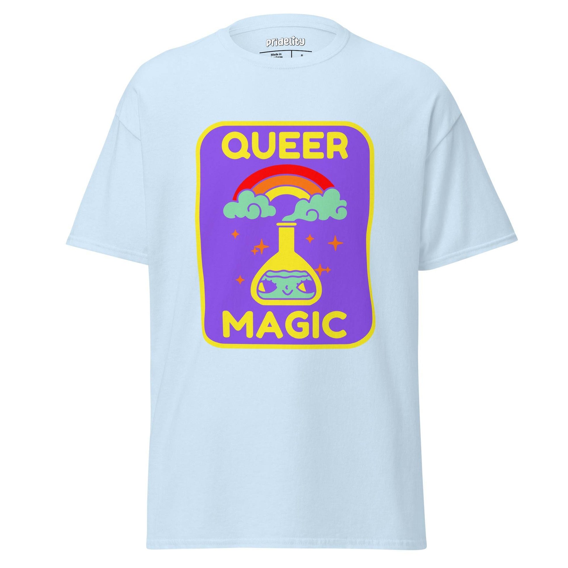 Celebrate diversity with the Queer Magic T-Shirt from Pridelity. This purple tee features a lively design of a potion flask, encircled by clouds, a rainbow, and stars, accompanied by the inspiring phrase "Queer Magic" above and below the image.