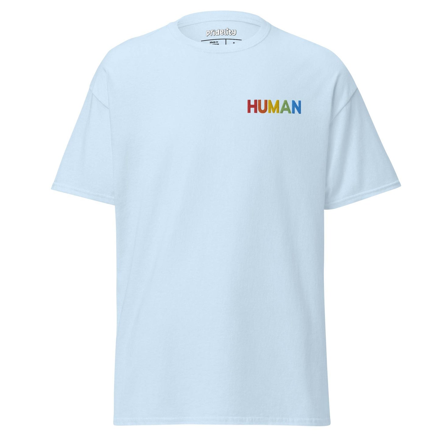 A natural-colored Pridelity Human T-Shirt, adorned with the word "HUMAN" beautifully printed in vibrant rainbow colors on the upper left side.
