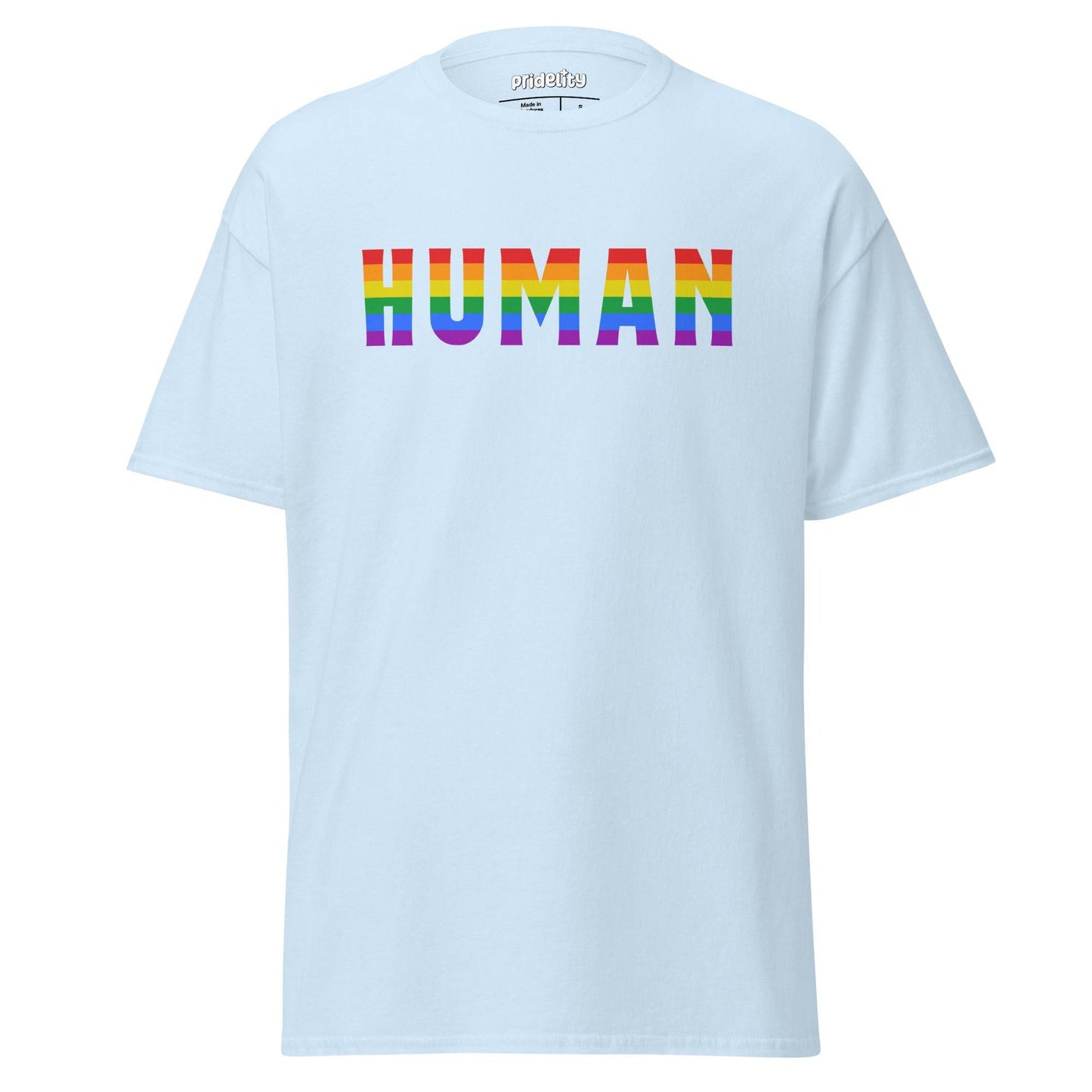 Introducing the Human T-Shirt by Pridelity: a stylish black tee featuring the word "HUMAN" in bold, uppercase letters filled with a vibrant rainbow gradient. This pride shirt embodies diversity and inclusion, celebrating unity and acceptance with flair.