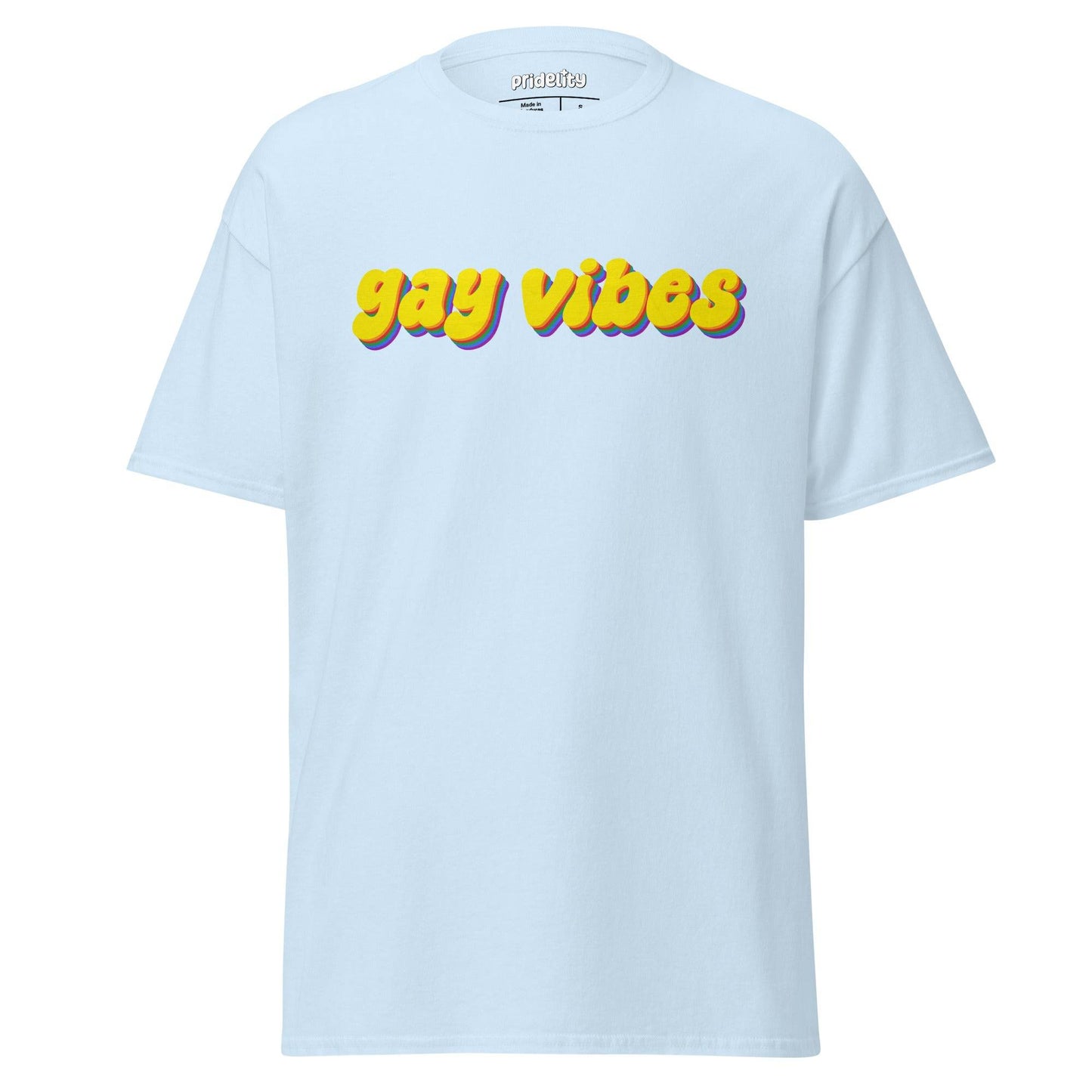 A gold Gay Vibes T-Shirt, crafted by Pridelity, features the bold and colorful "gay vibes" lettering on the front, celebrating vibrant pride merchandise.