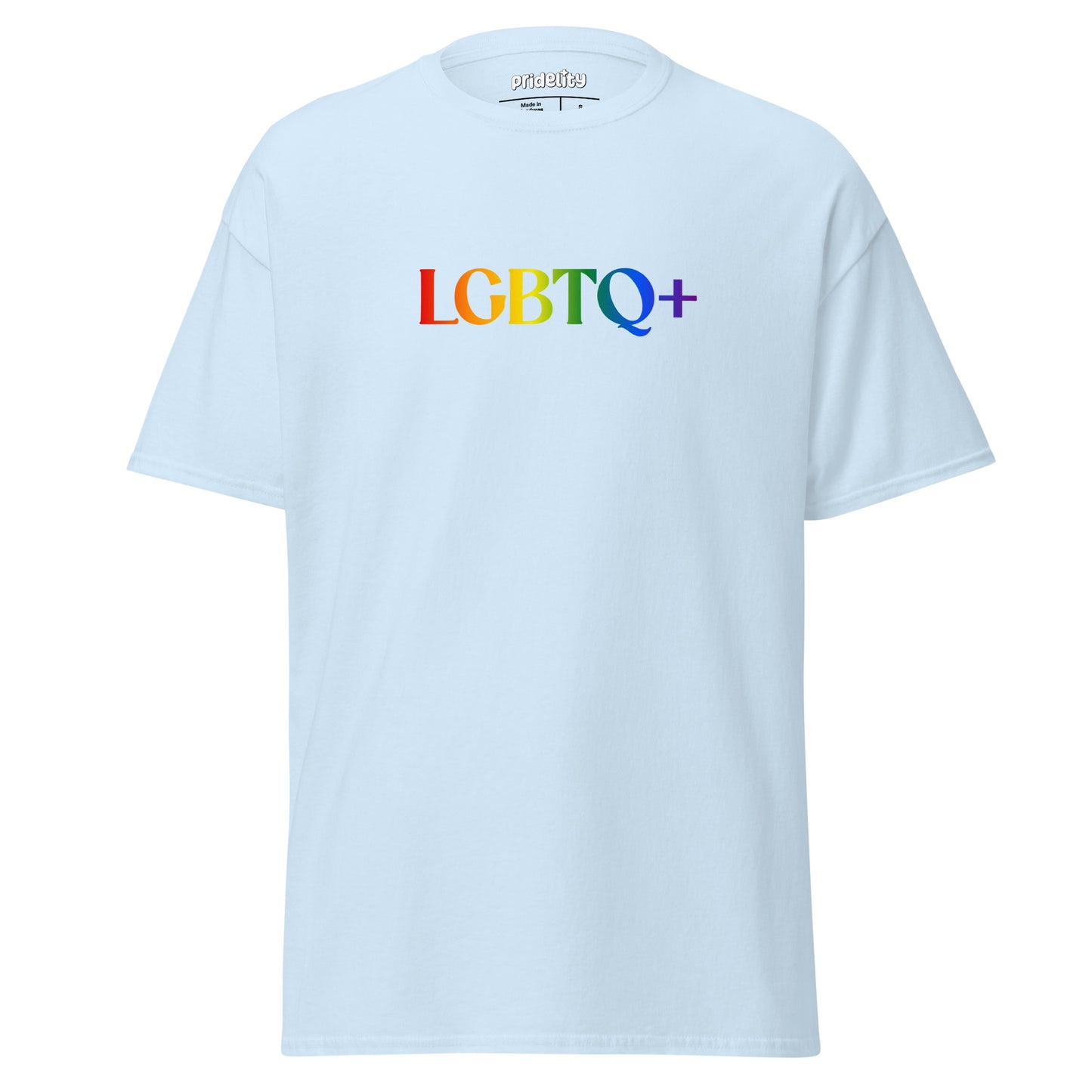 White Pridelity LGBTQ+ T-Shirt showcasing the text "LGBTQ+" in vibrant rainbow colors.